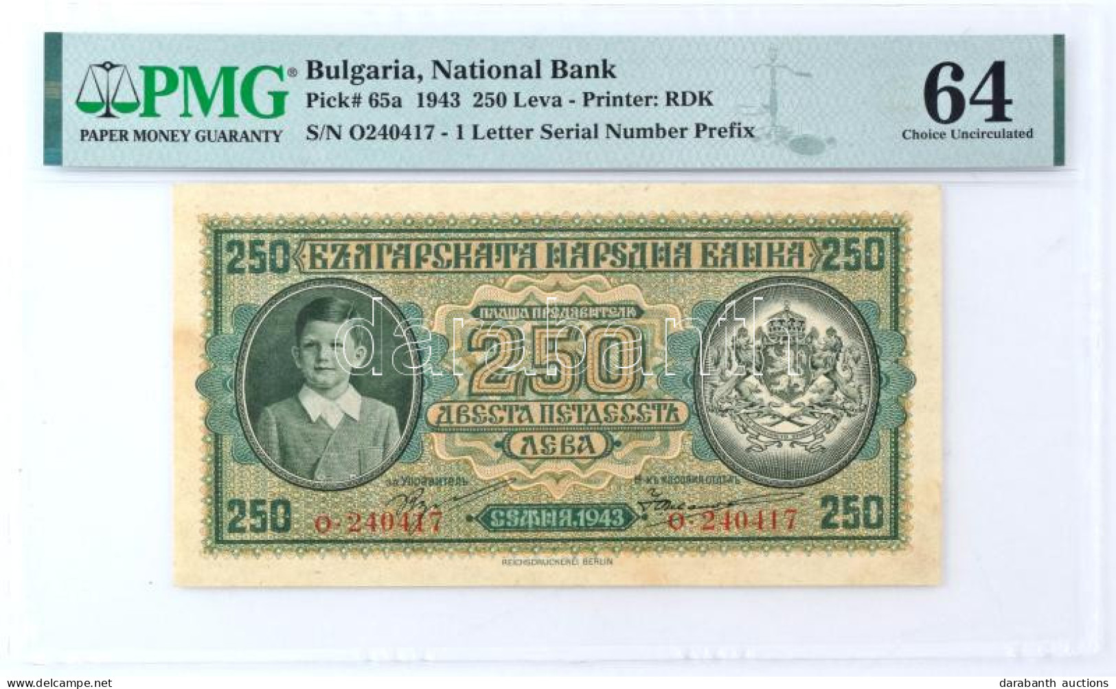 Bulgária 1943. 250L "O 240417" PMG Tokban, "1915535-014" Sorszámmal T:UNC Bulgaria 1943. 250 Leva "O 240417" In PMG Case - Unclassified