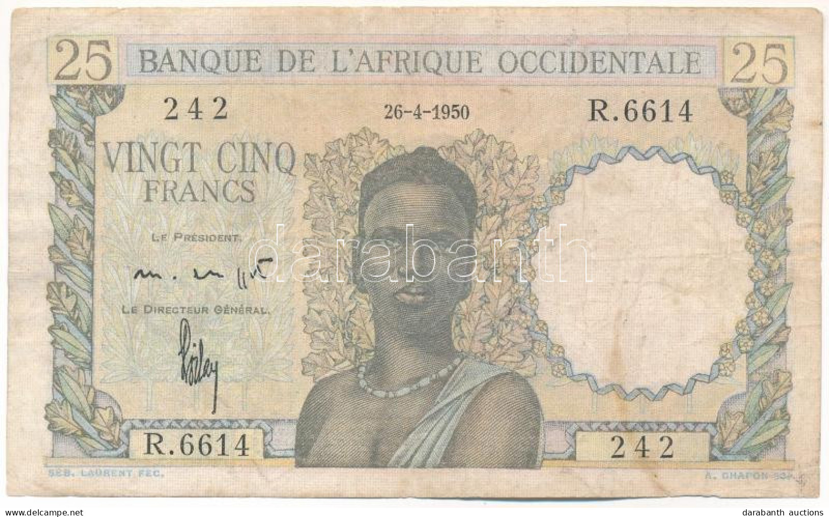 Francia Nyugat-Afrika 1950. április 26. 25Fr "R. 6614 242" T:F French West Africa 1950. 26th April 25 Francs "R. 6614 24 - Non Classés