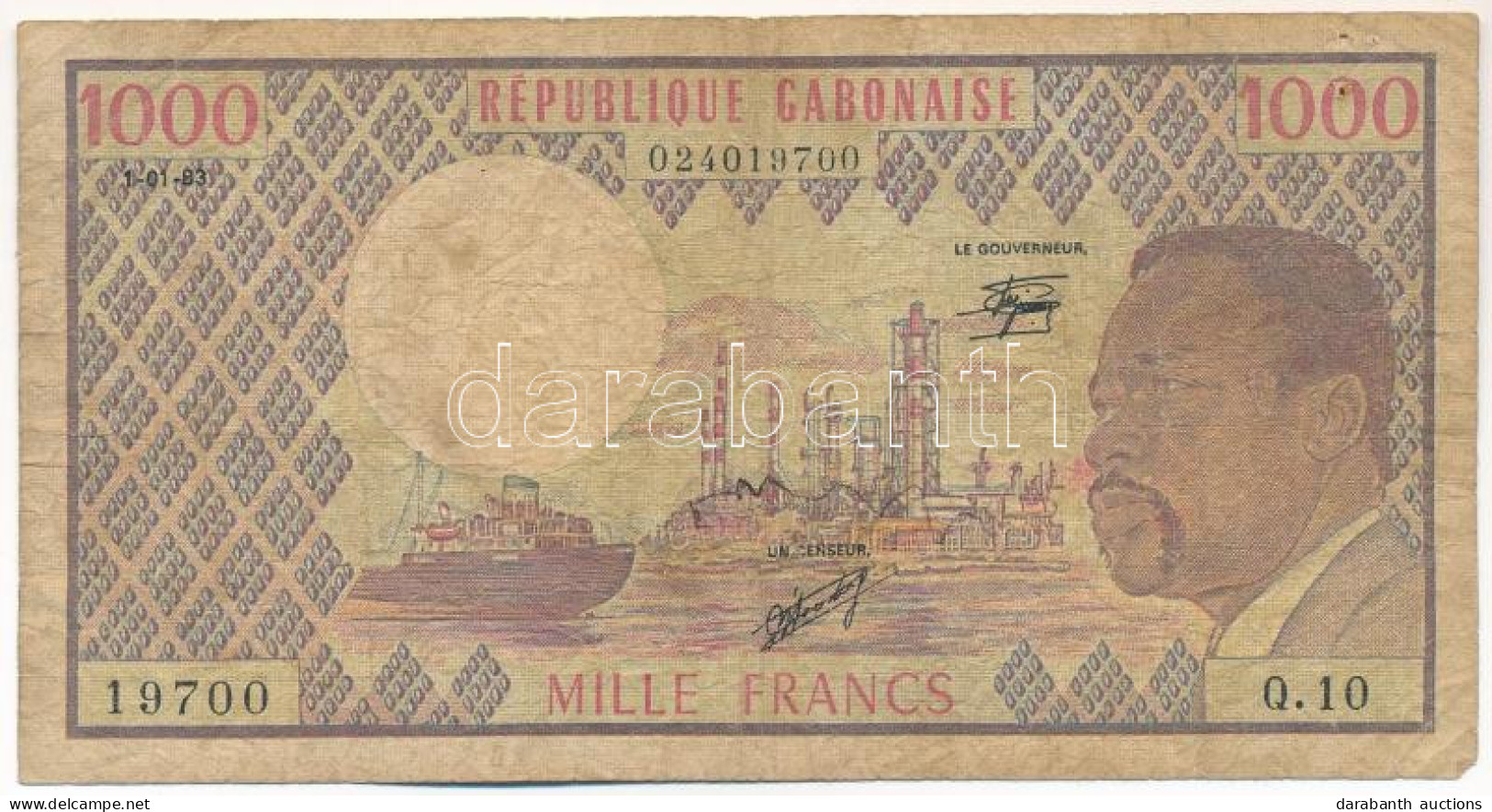Gabon 1983. 1000Fr T:VG Tűlyuk Gabon 1983. 1000 Francs C:VG Pin Holes Krause P#3 - Non Classés