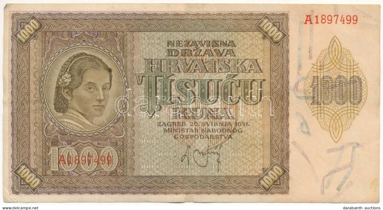 Horvátország / Független Horvát Állam 1941. 1000K "A" T:F Szép Papír Independent State Of Croatia 1941. 1000 Kuna "A" C: - Non Classés