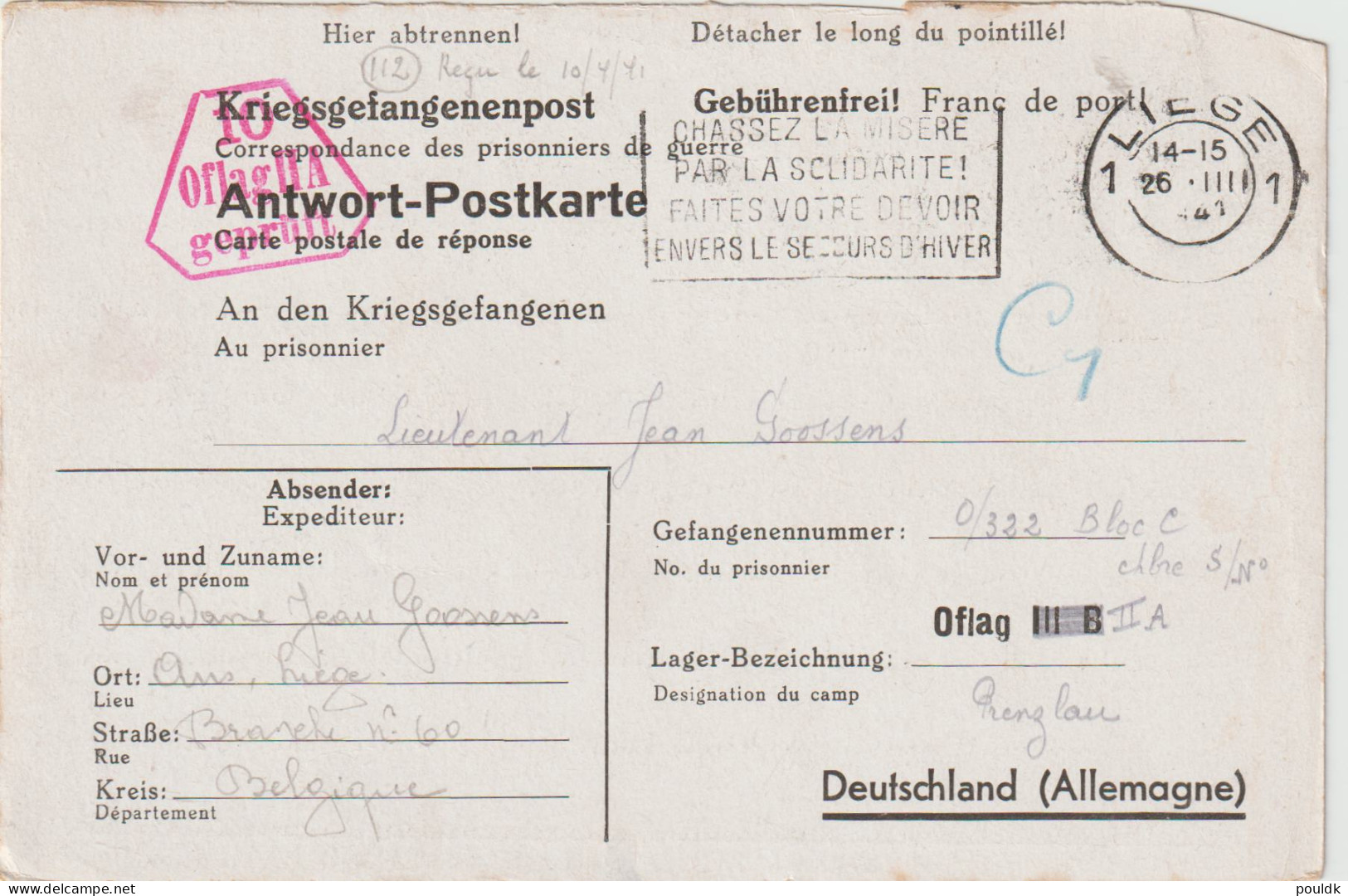 Belgium Prisoner Of War Card Posted To Germany, Stationary Adressed To Oflag III B But Changed In Writing To II A  - Militaria