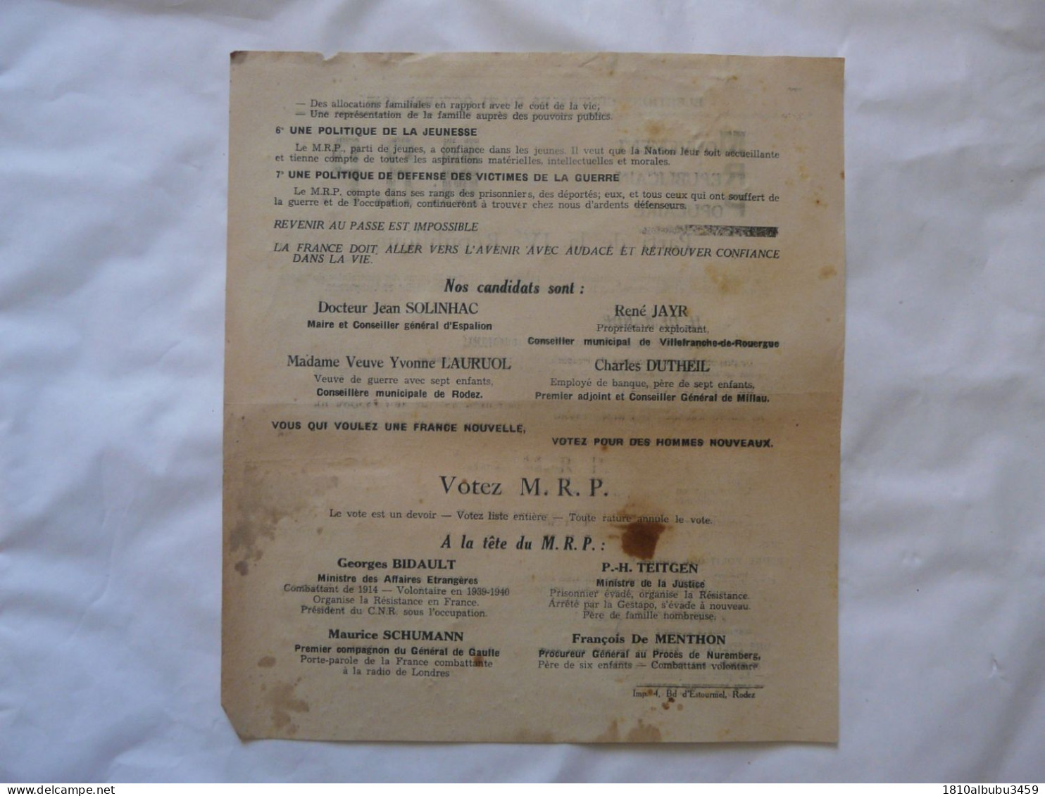 TRACT - ELECTIONS GENERALES Du 21 Octobre 1945 - MRP - Documents Historiques