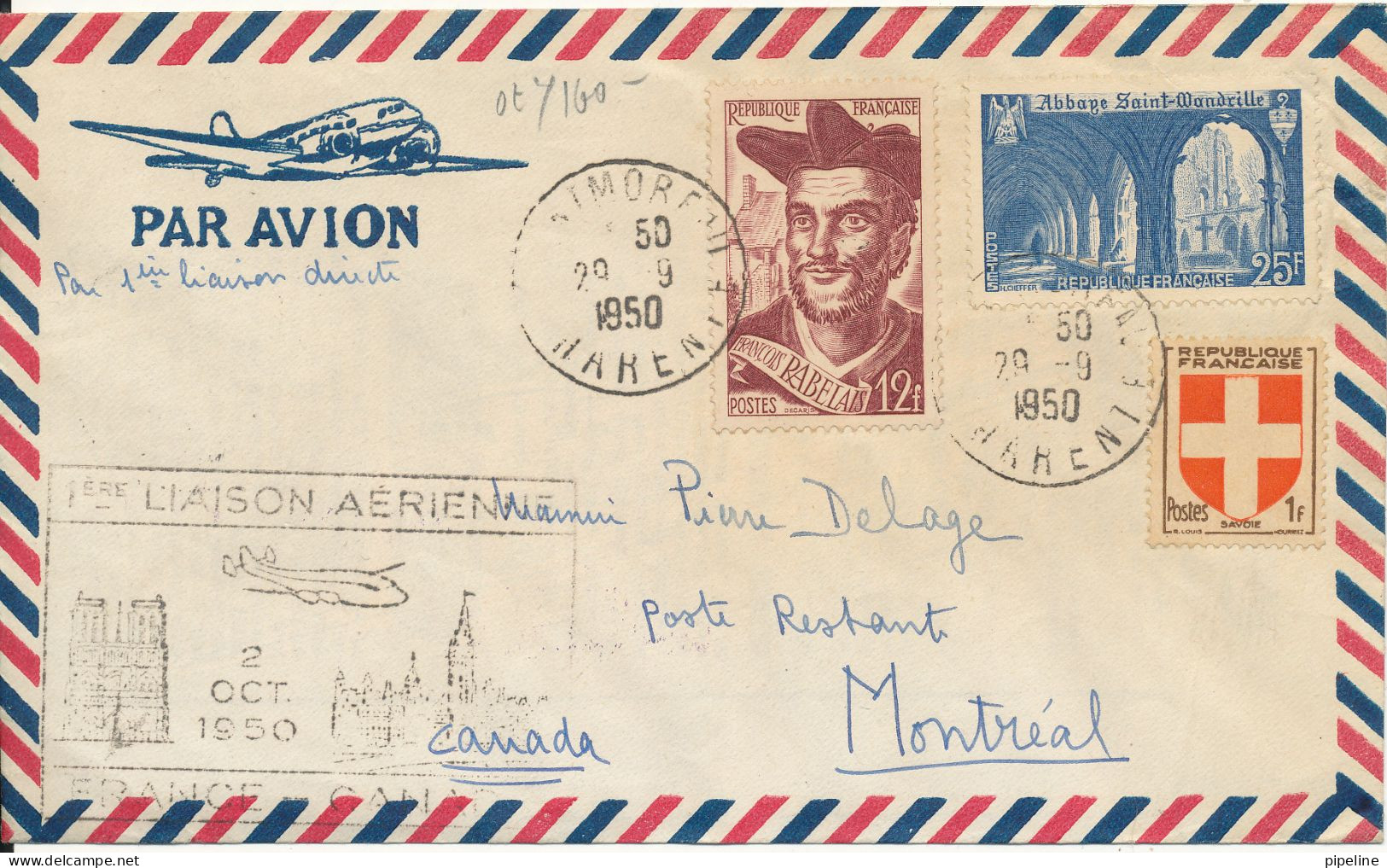 France Air Mail First Flight Cover Paris - Montreal 2-10-1950 - Covers & Documents