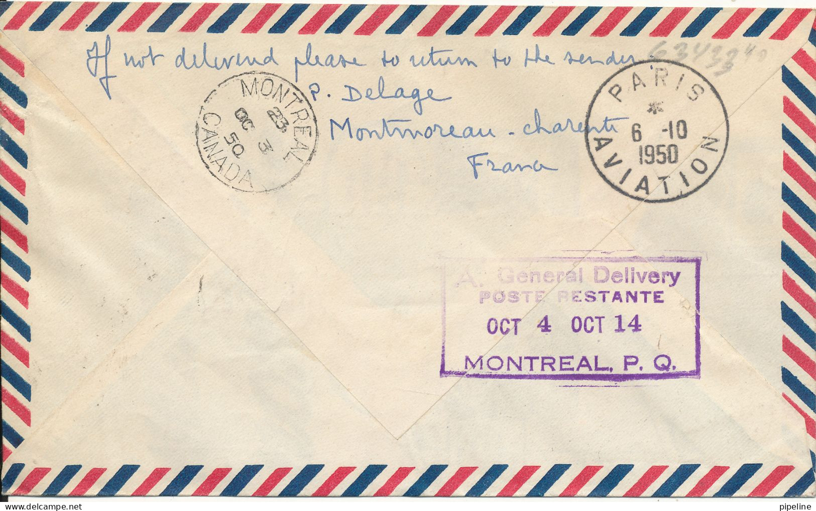 France Air Mail First Flight Cover Paris - Montreal 2-10-1950 - Lettres & Documents