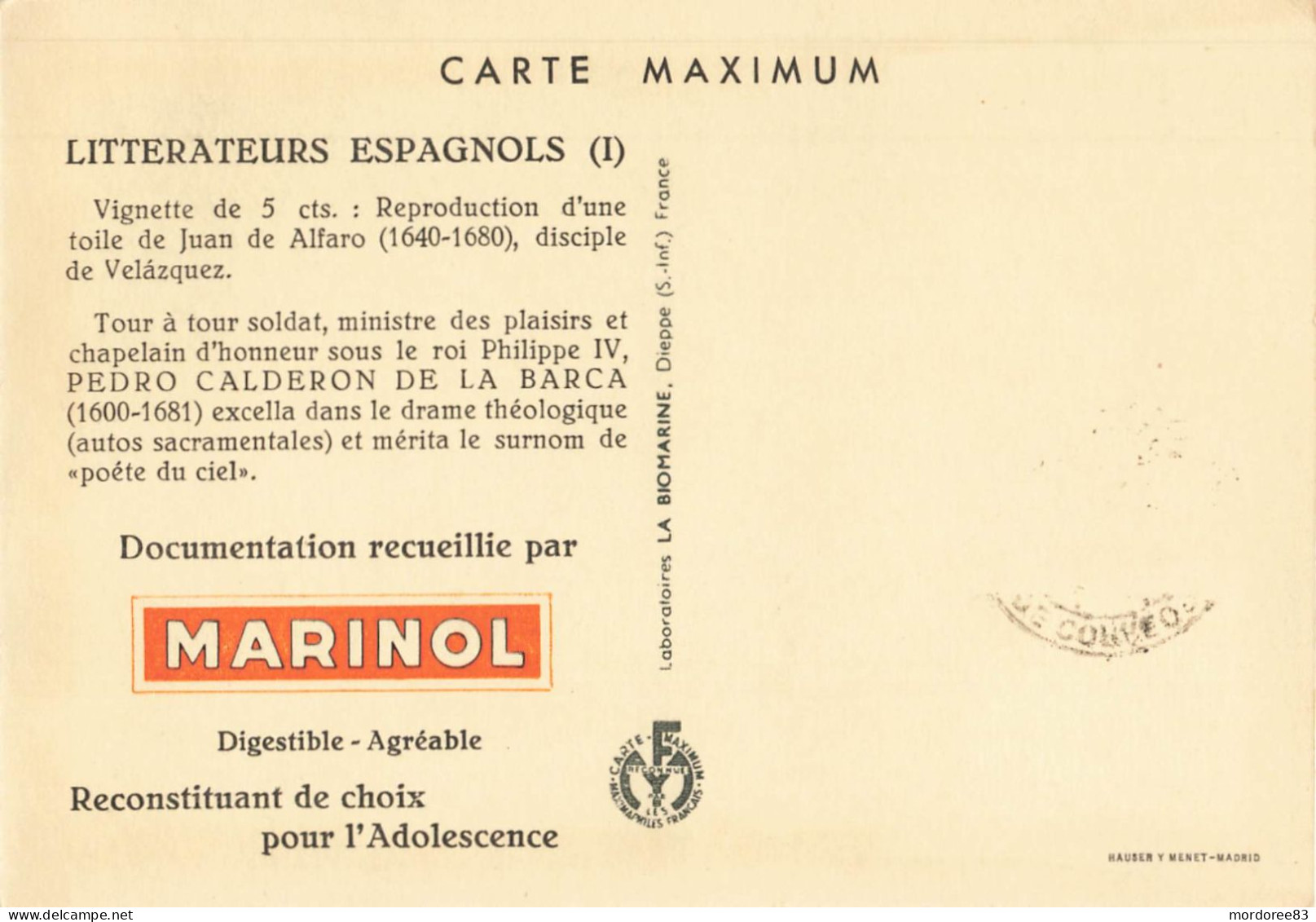 CARTE MAXIMUM ESPAGNE PEDRO CALDERON DE LA BARCA PUB MARINOL 1954 - Cartes Maximum