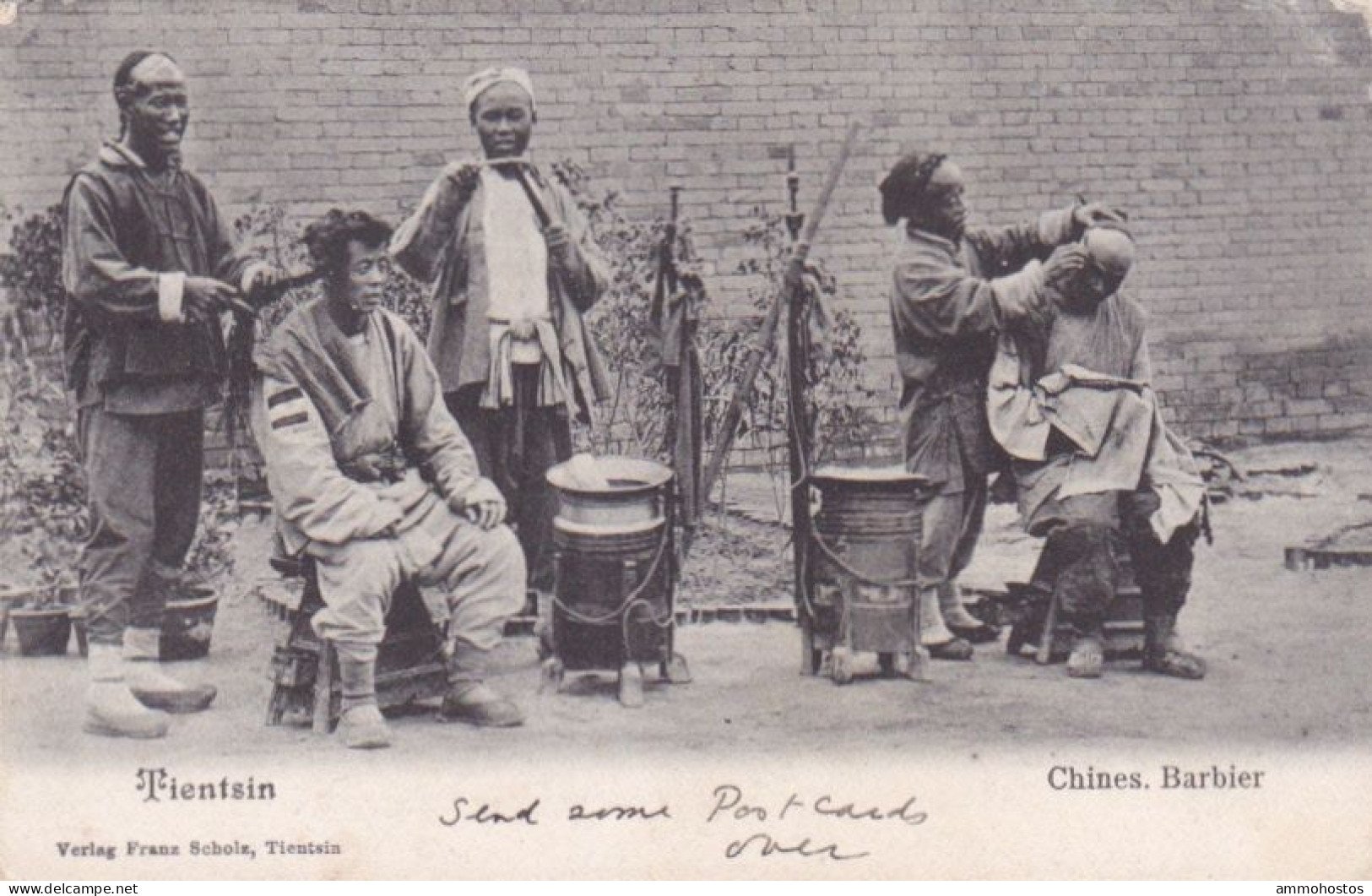 CHINA POSTCARD TIENTSIN BEIJING PEKING OPEN AIR BARBERS USED GUERNSEY 1906 - Chine