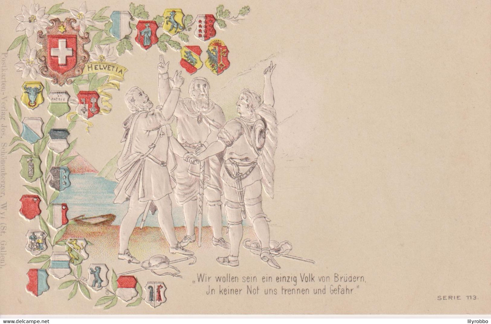 SWITZERLAND - Patriotic - Embosed Vignette Chromo.  "Wir Woffen Sein Ein Einzig Volk Von Bruden Jn Keiner Not Uns Etc" - Personaggi