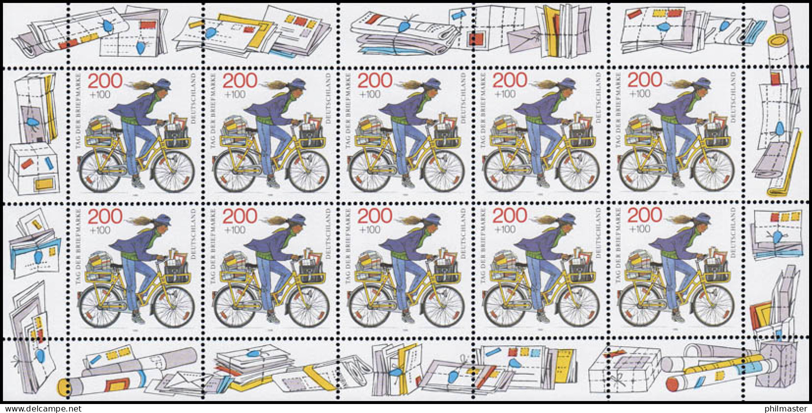 1814 Tag Der Briefmarke, Postzustellerin Auf Fahrrad - 10er-Bogen ** - 1991-2000