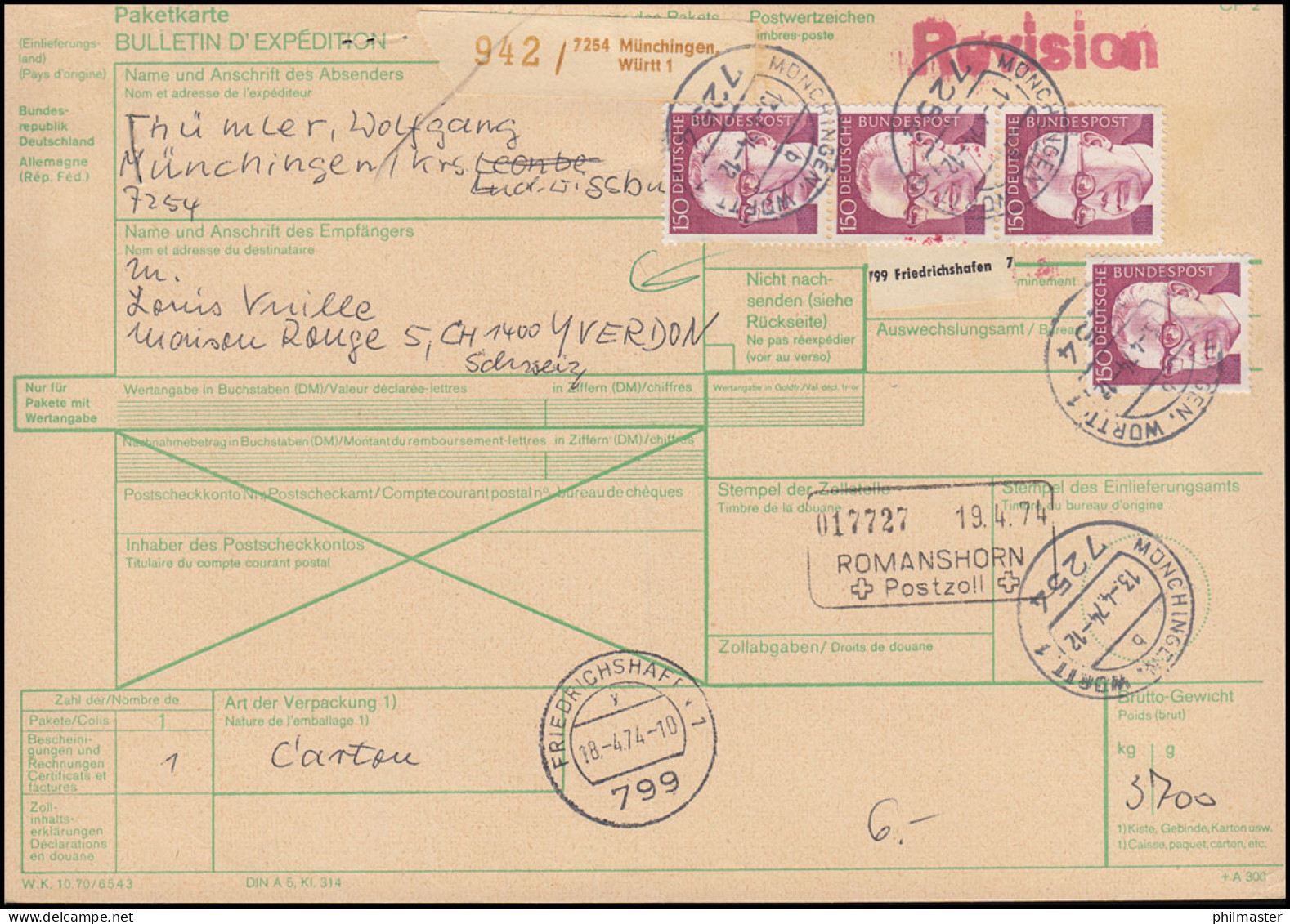 730 Heinemann 4 Mal 150 Pf. Als MeF Auf Auslands-Paketkarte MÜNCHINGEN 13.4.1974 - Storia Postale