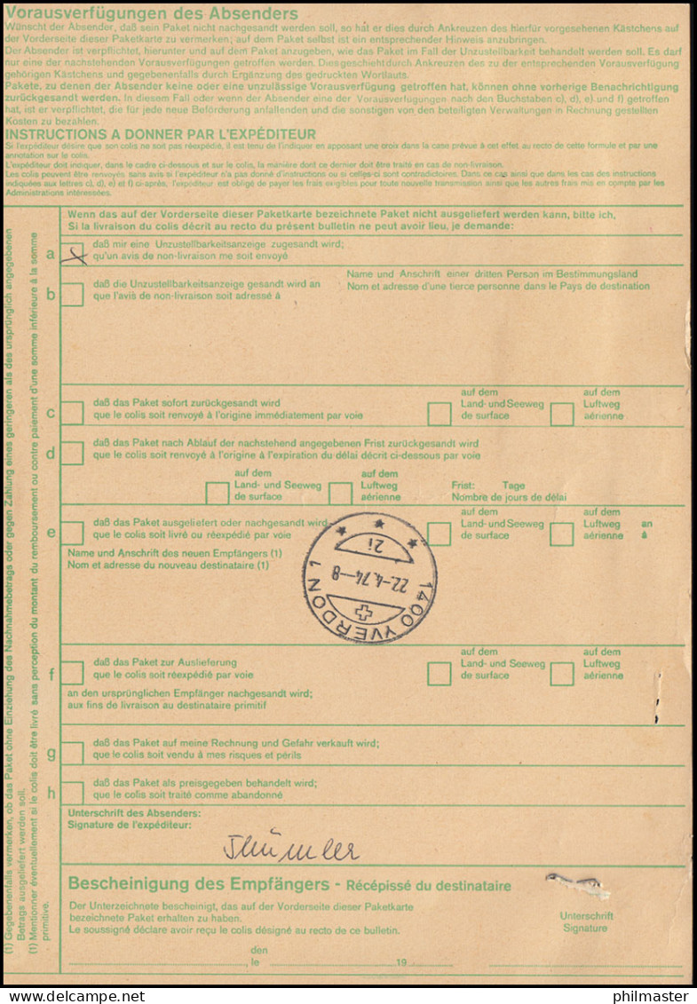 730 Heinemann 4 Mal 150 Pf. Als MeF Auf Auslands-Paketkarte MÜNCHINGEN 13.4.1974 - Brieven En Documenten