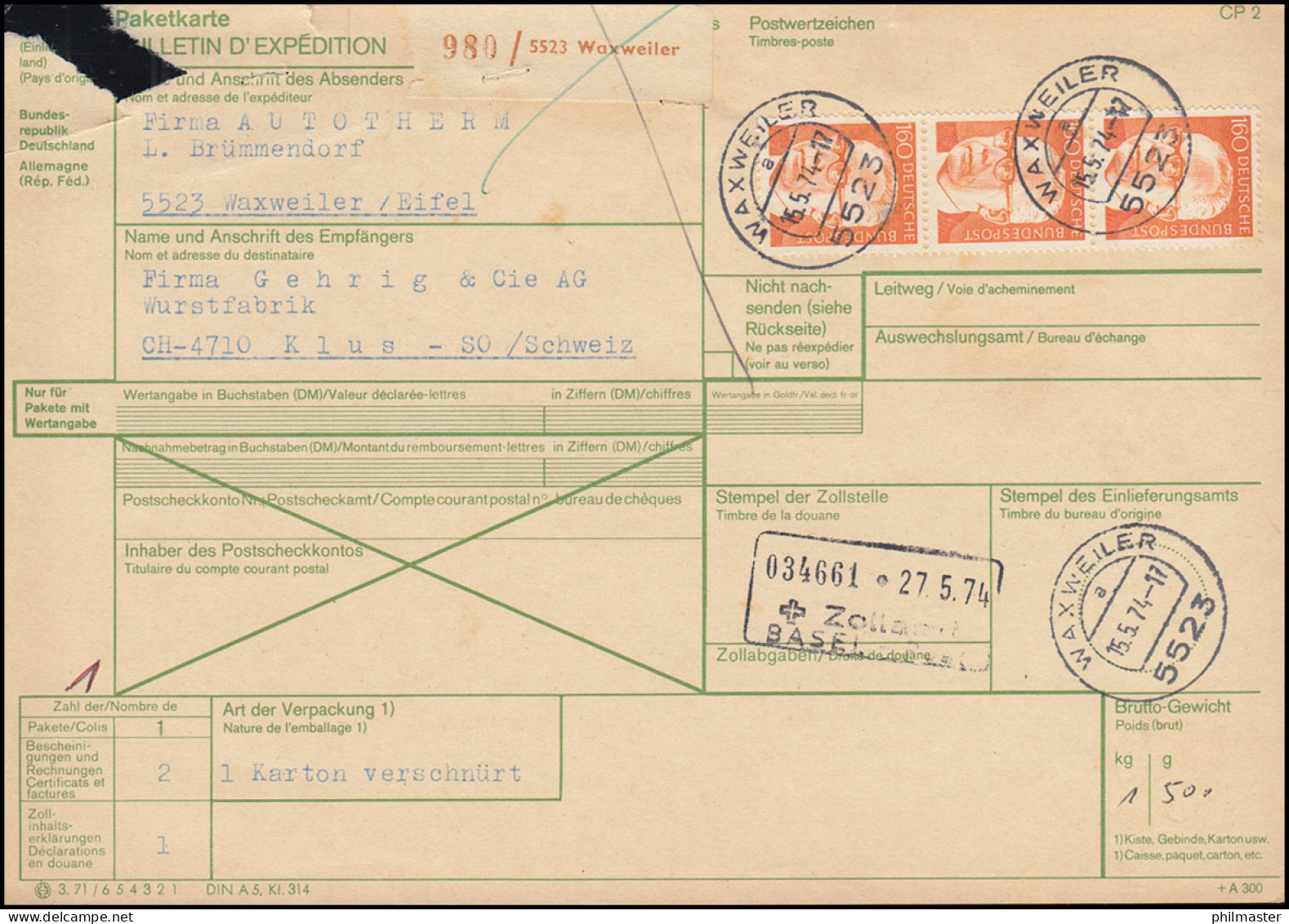 692 Heinemann 3mal 160 Pf. Als MeF Auf Auslands-Paketkarte WAXWEILER 15.5.1974  - Lettres & Documents