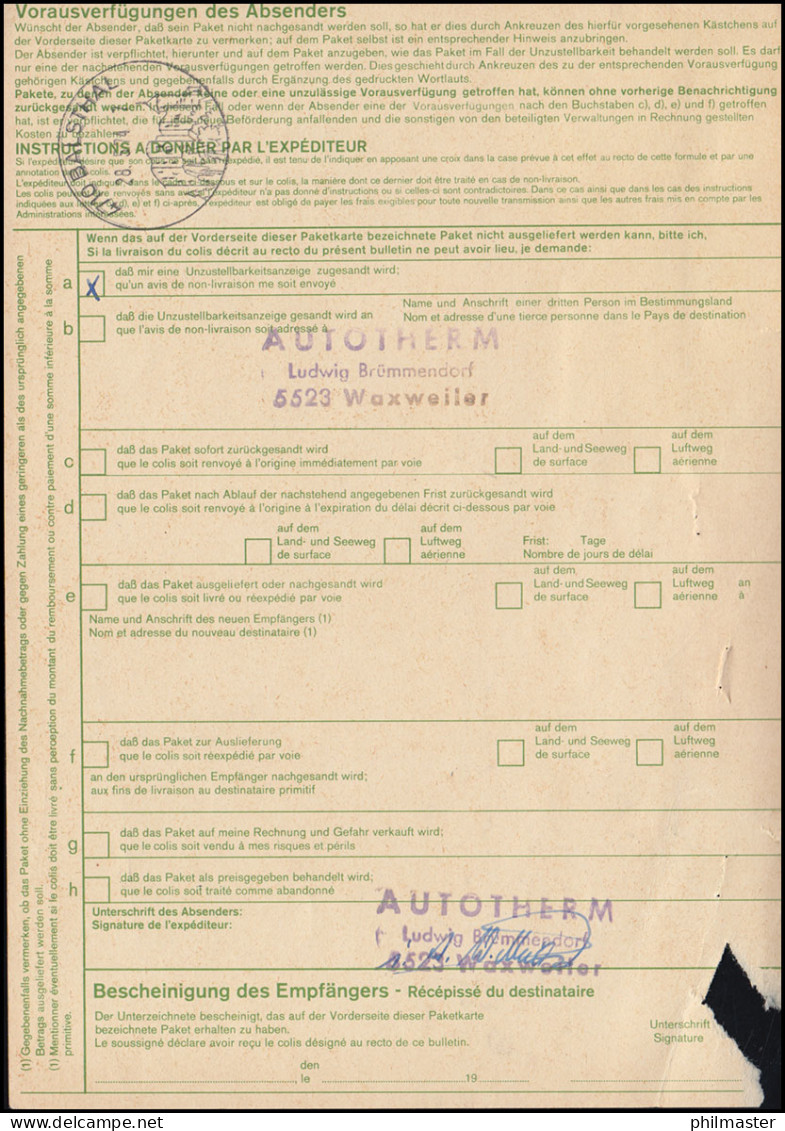 692 Heinemann 3mal 160 Pf. Als MeF Auf Auslands-Paketkarte WAXWEILER 15.5.1974  - Brieven En Documenten