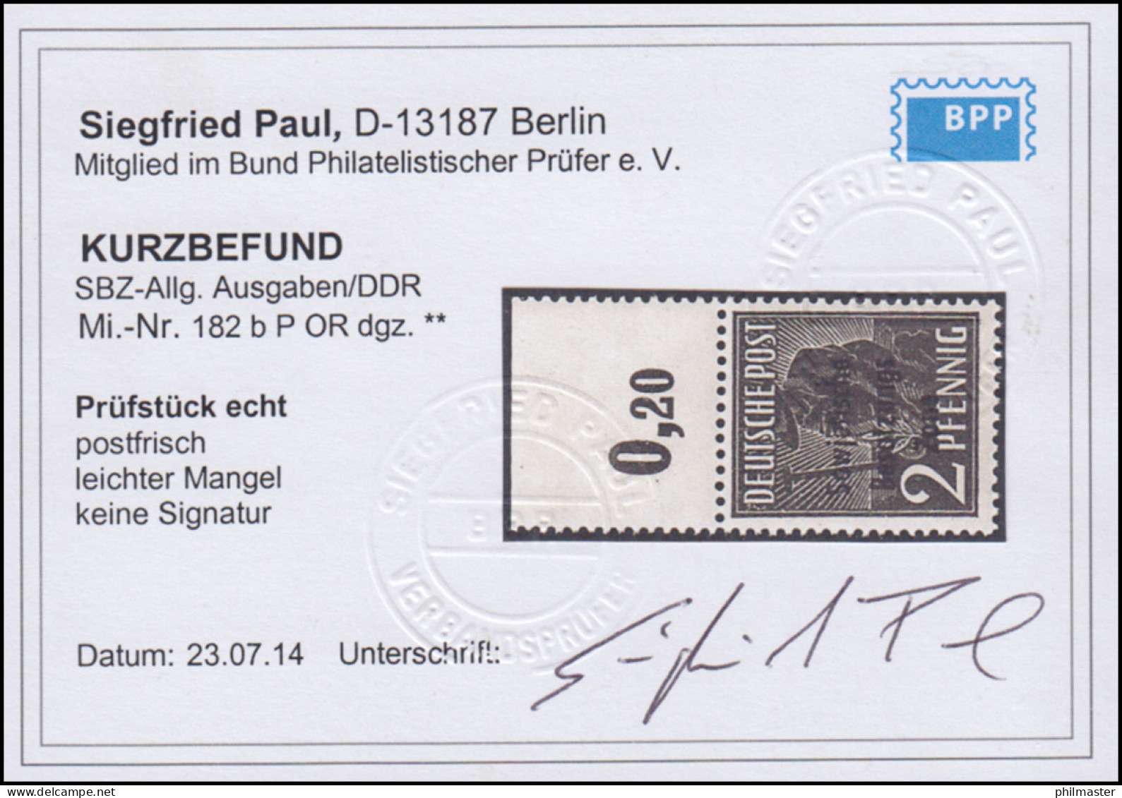 182b P ORdgz. 2 Pf. Farbe B Im Plattendruck Vom Oberrand Dgz, Befund Paul BPP - Nuovi