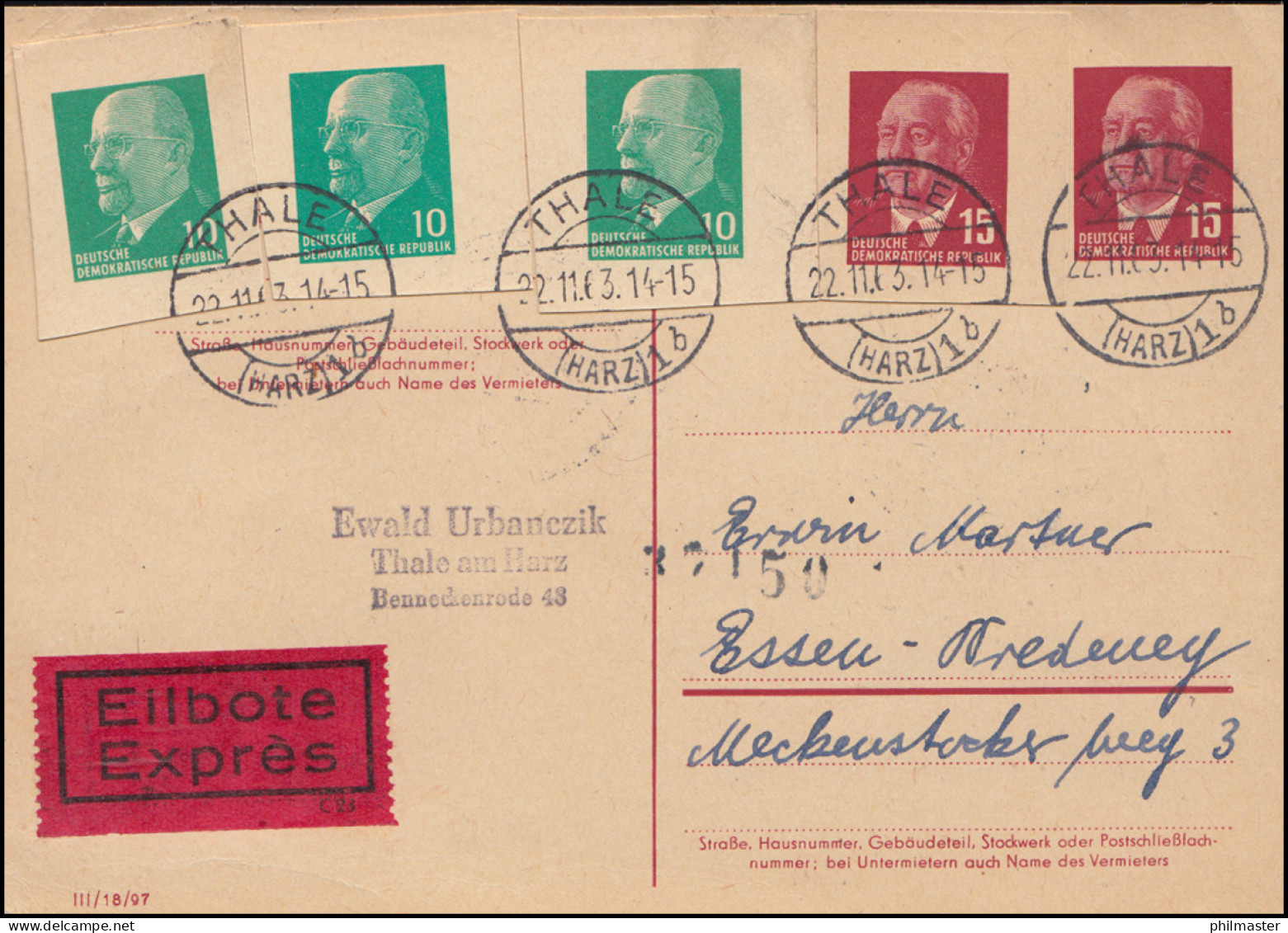 DDR P 64aII Mit GA-Ausschnitte Ulbricht Und Pieck Als Eil-Karte THALE 22.11.1963 - Otros & Sin Clasificación