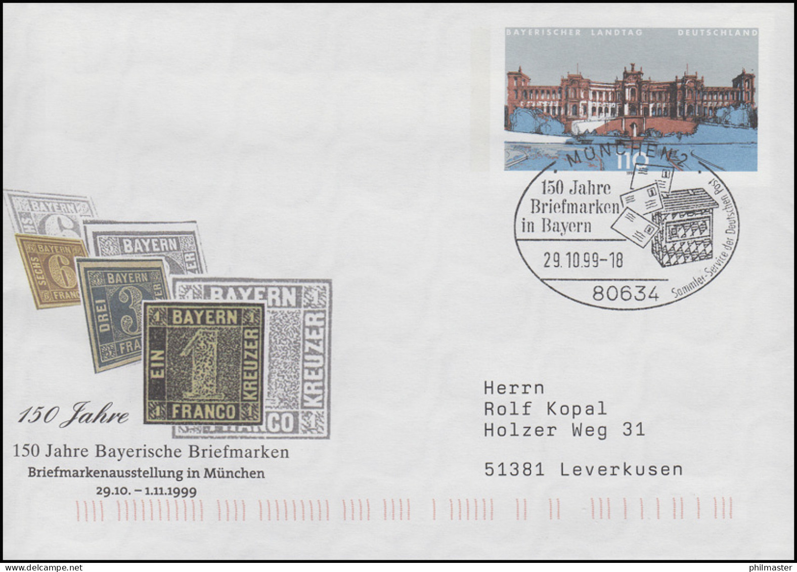 Plusbrief USo 11 Bayerische Briefmarken, SSt München Briefkasten 29.10.99 - Umschläge - Ungebraucht