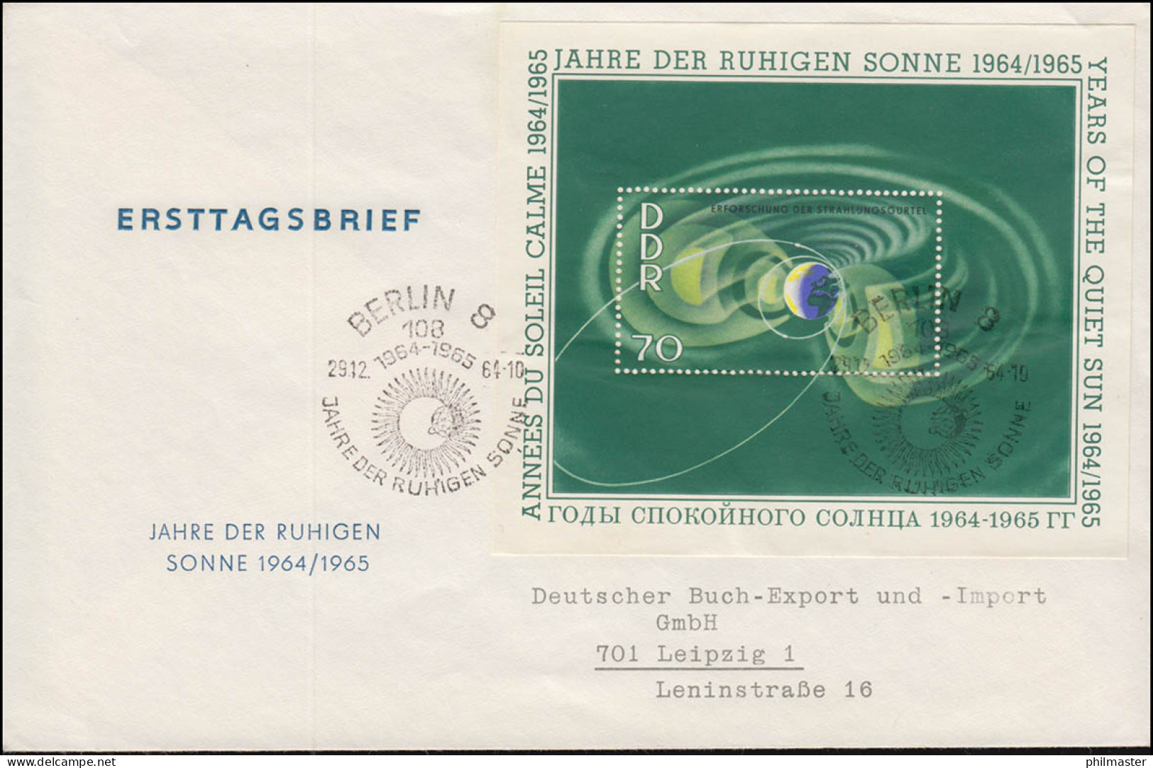 Block 20+21+22, Jahr Der Ruhigen Sonne 1964, Auf 3 FDC, Buch-Export Leipzig ESSt - Storia Postale