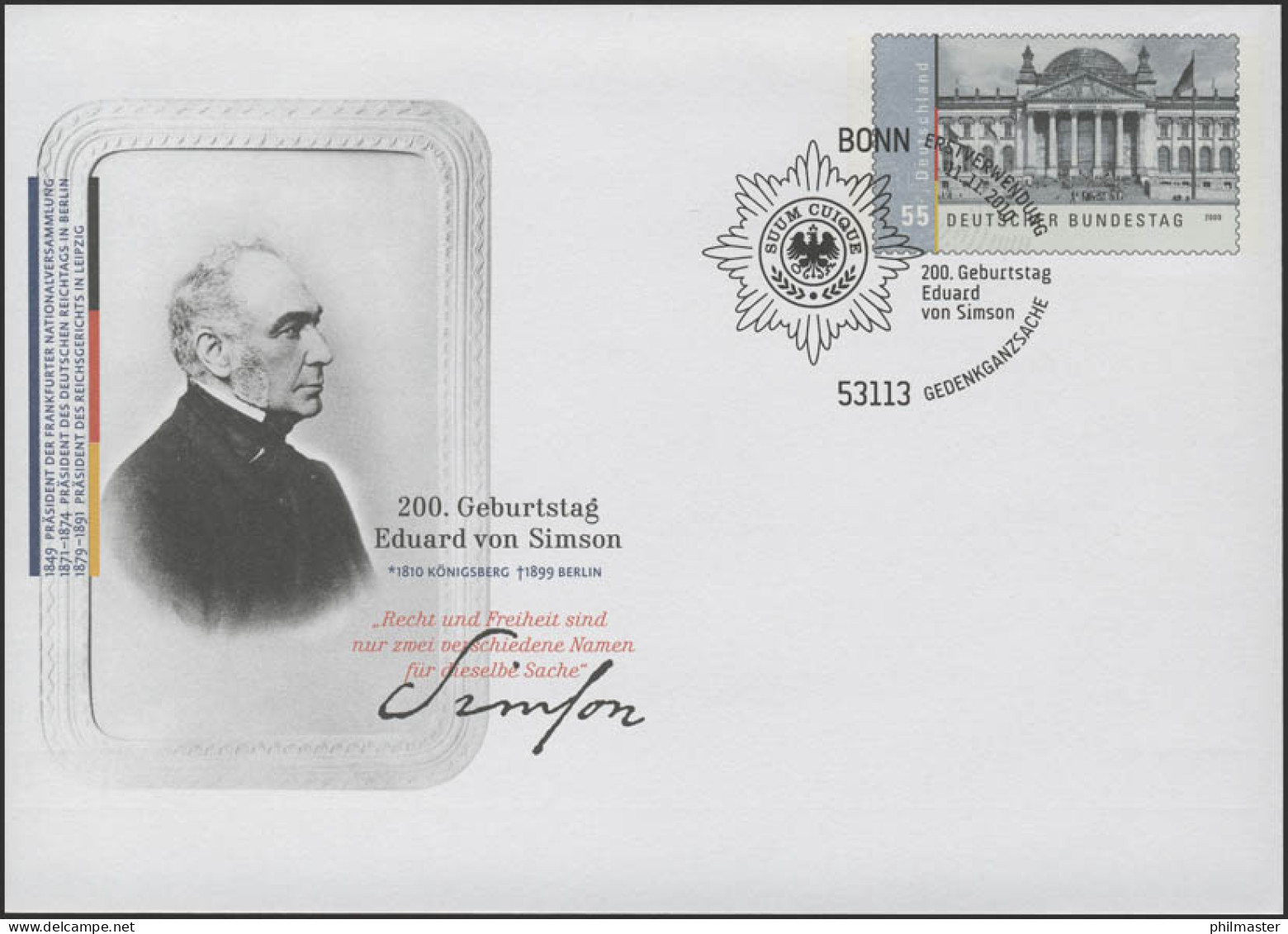 USo 221 Eduard Von Simson 2010, EV-O Bonn 11.11.10 - Covers - Mint