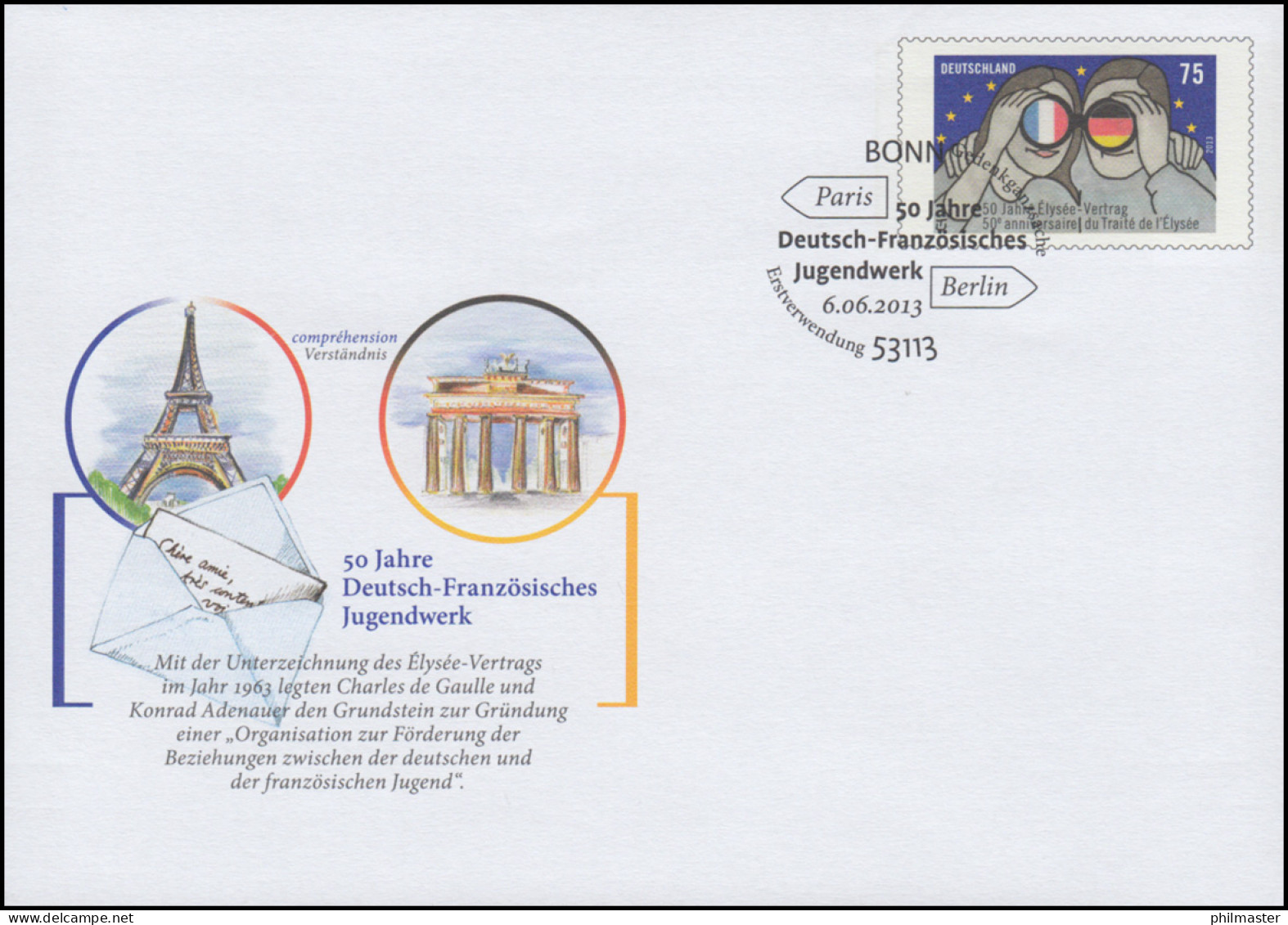 USo 297 Deutsch-Französisches Jugendwerk 2013, EV-Bonn 6.6.13 - Briefomslagen - Ongebruikt