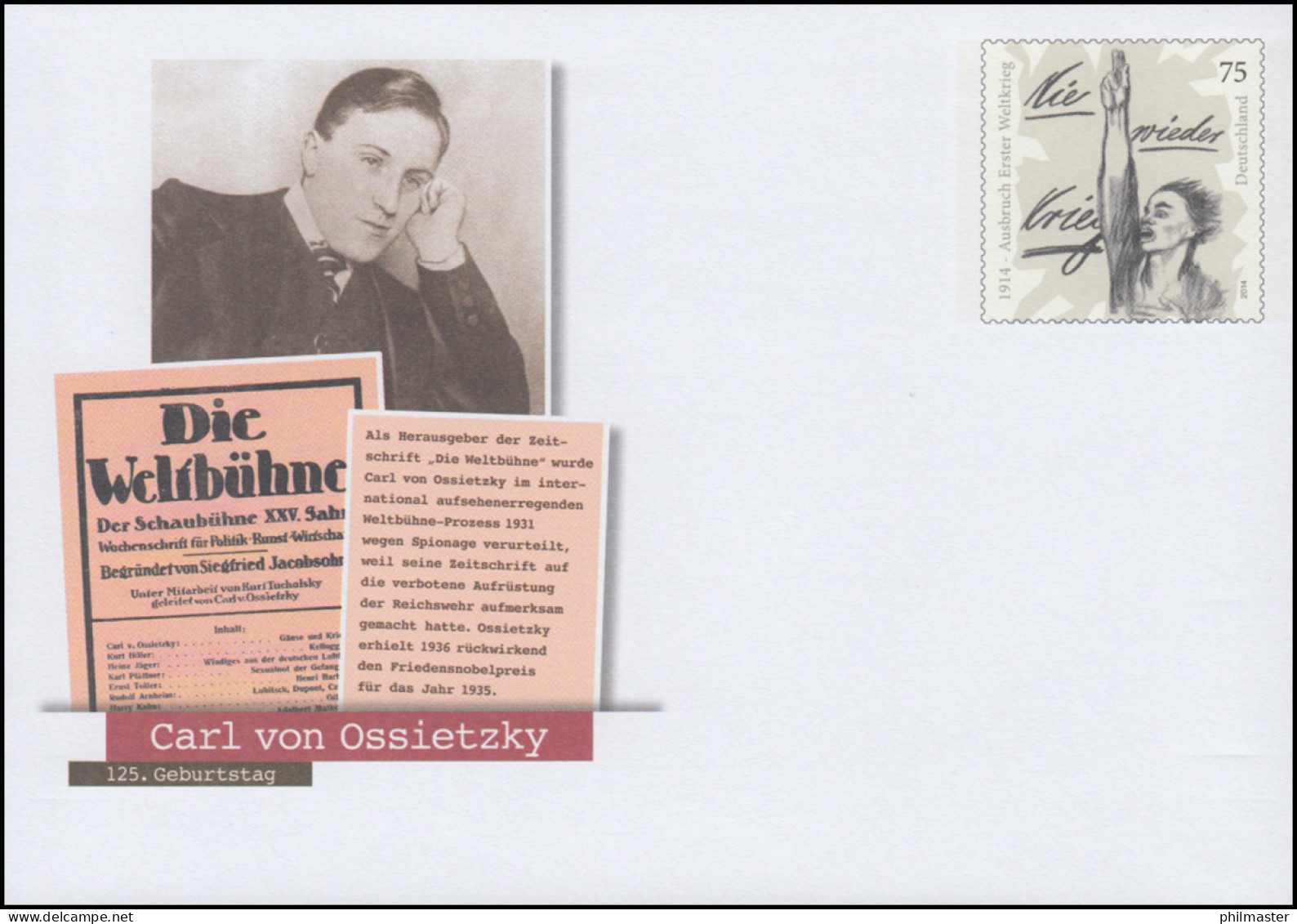 USo 343 Friedensnobelpreisträger Carl Von Ossietzky 2014, ** - Briefomslagen - Ongebruikt