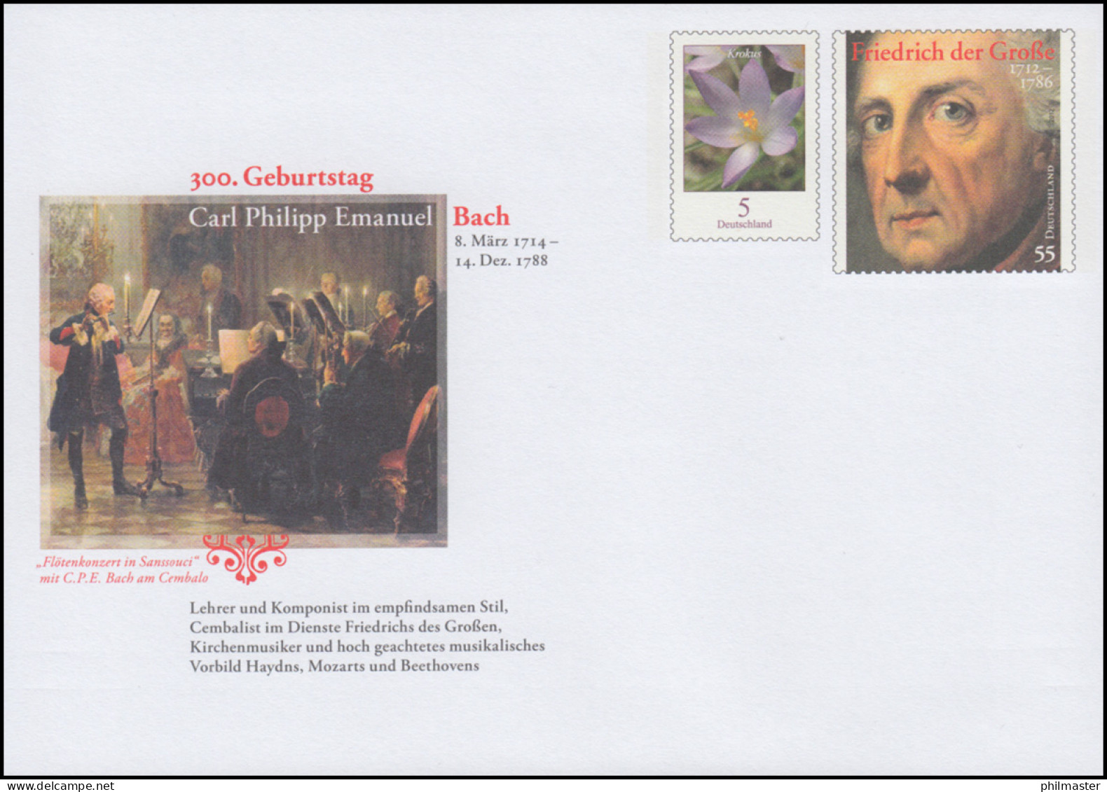 USo 321 Carl Philipp Emanuel Bach - Friedrich Der Große 2014, ** - Enveloppes - Neuves