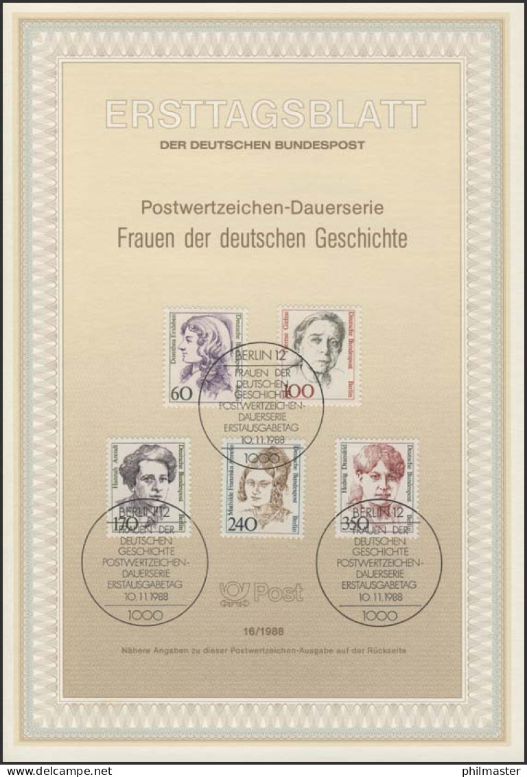 ETB 16/1988 Frauen, Erxleben, Giehse, Arendt, Anneke - 1e Jour – FDC (feuillets)