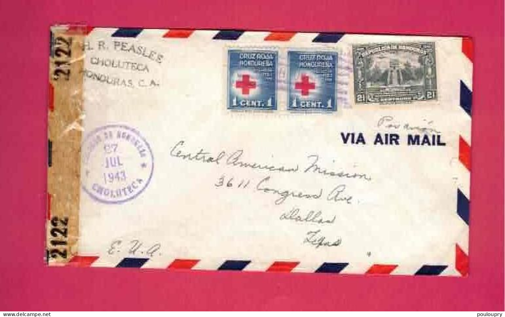 Honduras - Lettre De 1943 Pour Les USA EUAN - YT N° PA 86  Et Timbre De Bienfaisance Croix-rouge à 1 C En Paire - Red Cross
