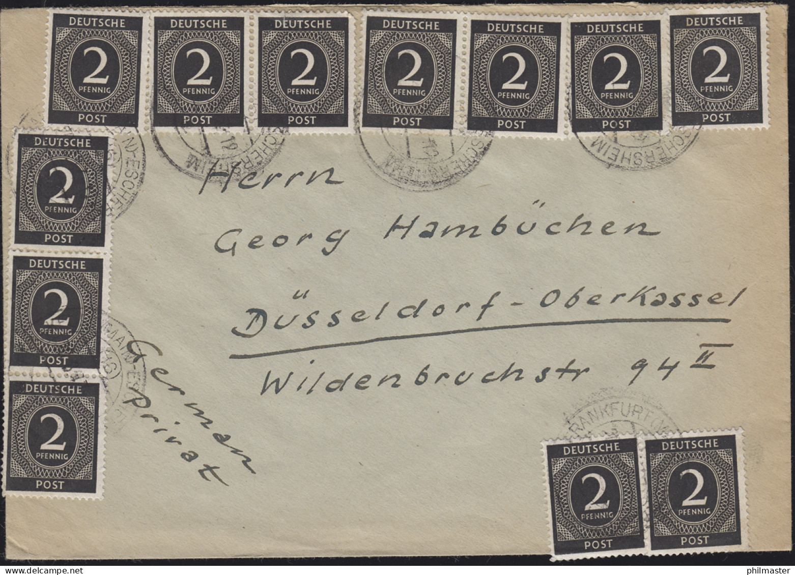 912 Ziffer 2 Pf 12mal MeF Brief FRANKFURT-ESCHERSHEIM 1947 N. Düsseldorf - Brieven En Documenten