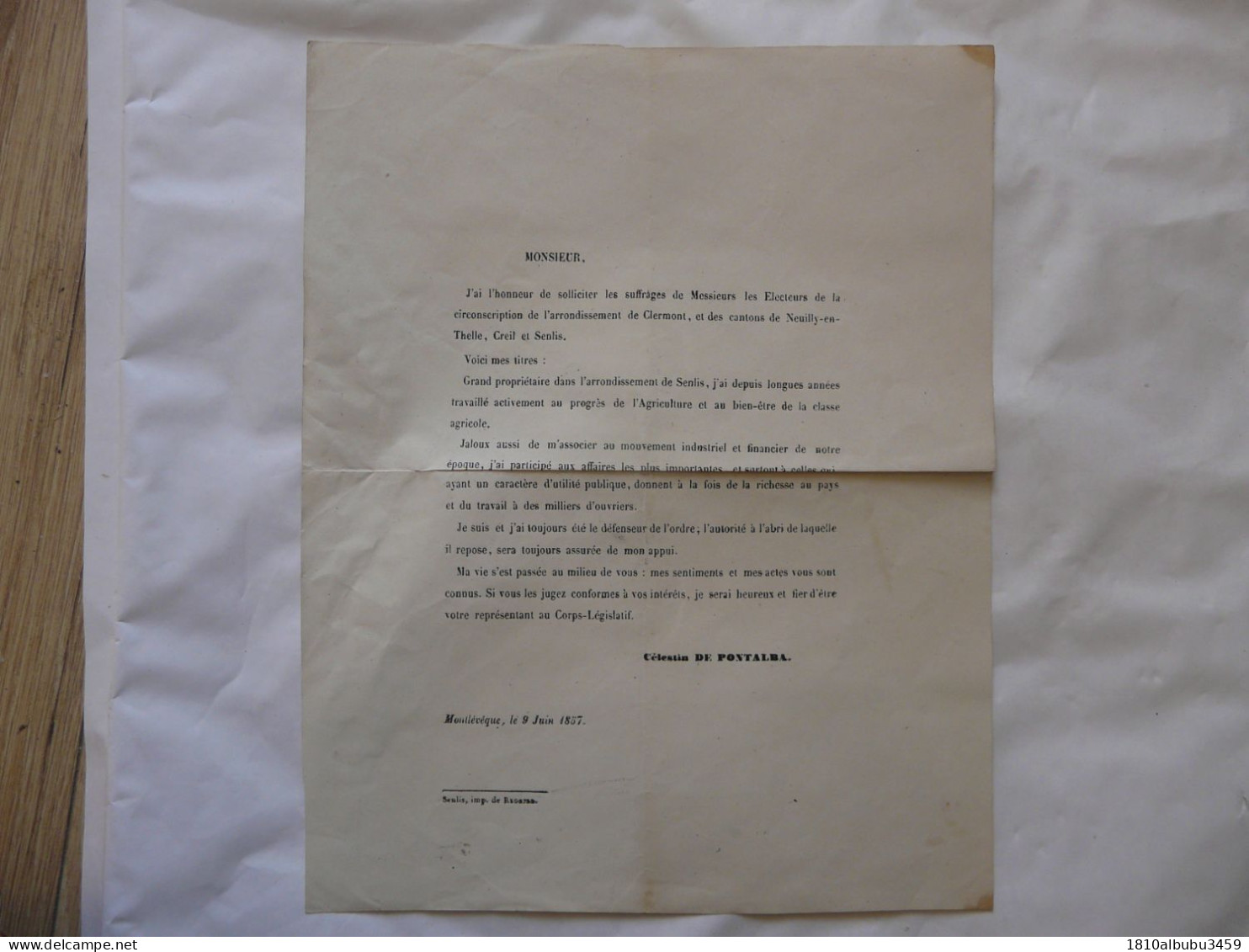 TRACT De CELESTIN DE PONTALBA - ELECTIONS CIRCONSCRIPTION DE L'Arrondissement De Clermont - Montlévêque 1857 - Historische Dokumente