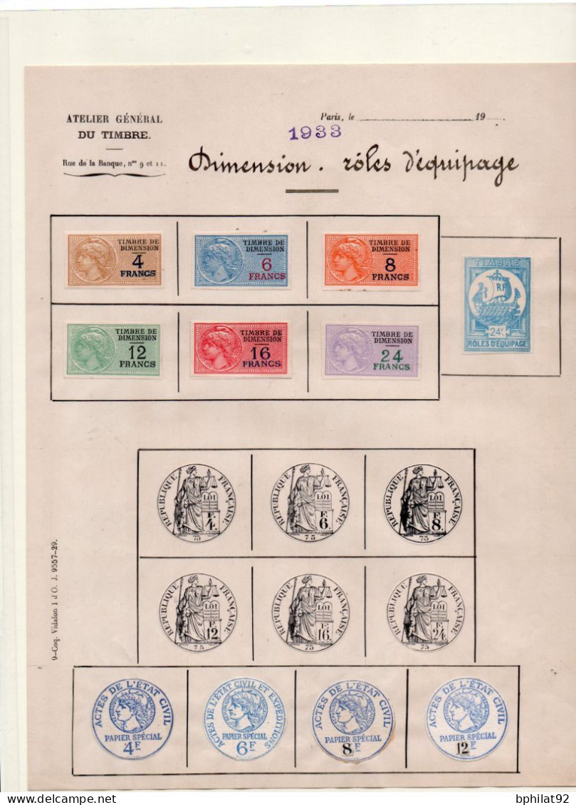 !!! FISCAUX, FEUILLET OFFICIEL DE L'ATELIER DU TIMBRE DE 1933, AVEC TIMBRES DIMENSION ET ROLES D'EQUIPAGE NON DENTELES - Stamps