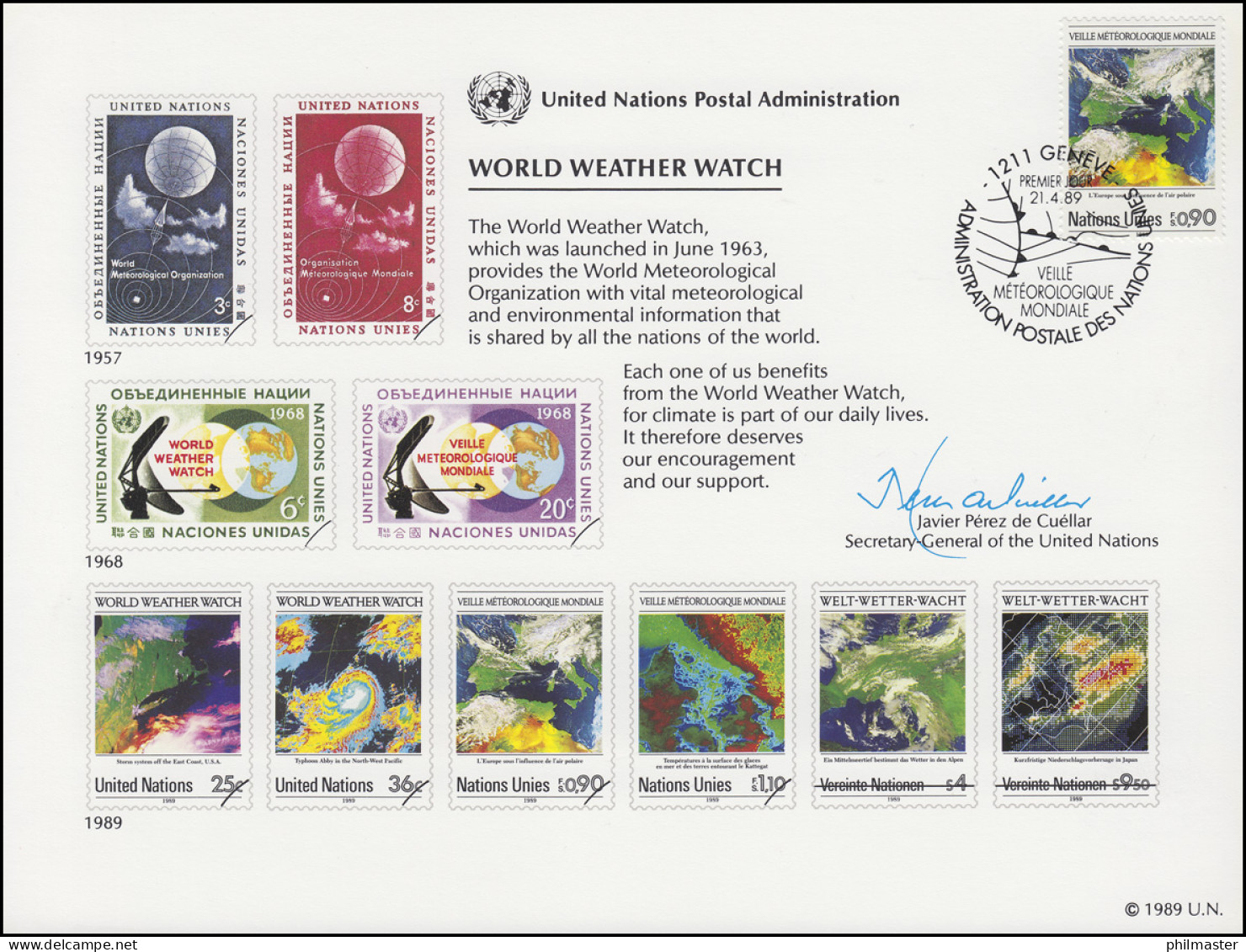 UNO Erinnerungskarte EK 36 Weltwetterwacht 1989, Genf-FDC 21.4.1989 - Sonstige & Ohne Zuordnung