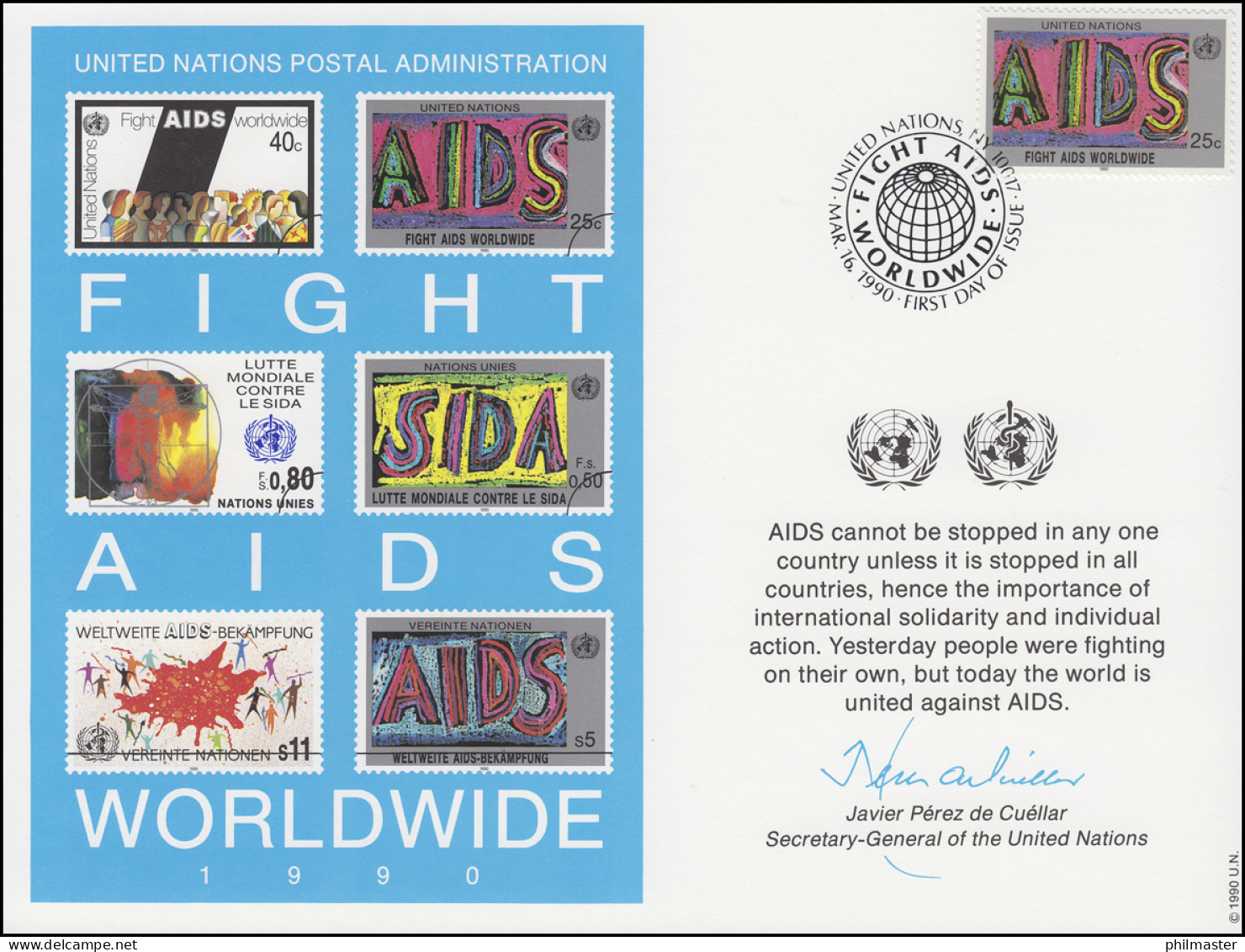 UNO Erinnerungskarte EK 37 Aids-Bekämpfung 1990, NY-FDC 16.3.1990 - Altri & Non Classificati