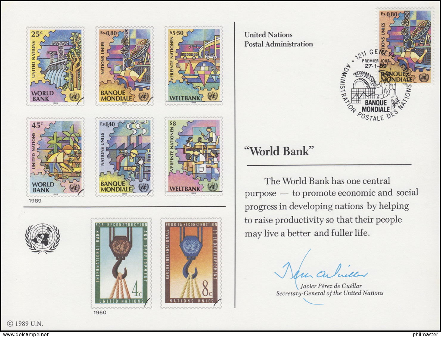 UNO Erinnerungskarte EK 35 Weltbank 1989, Genf-FDC 27.1.1989 - Autres & Non Classés