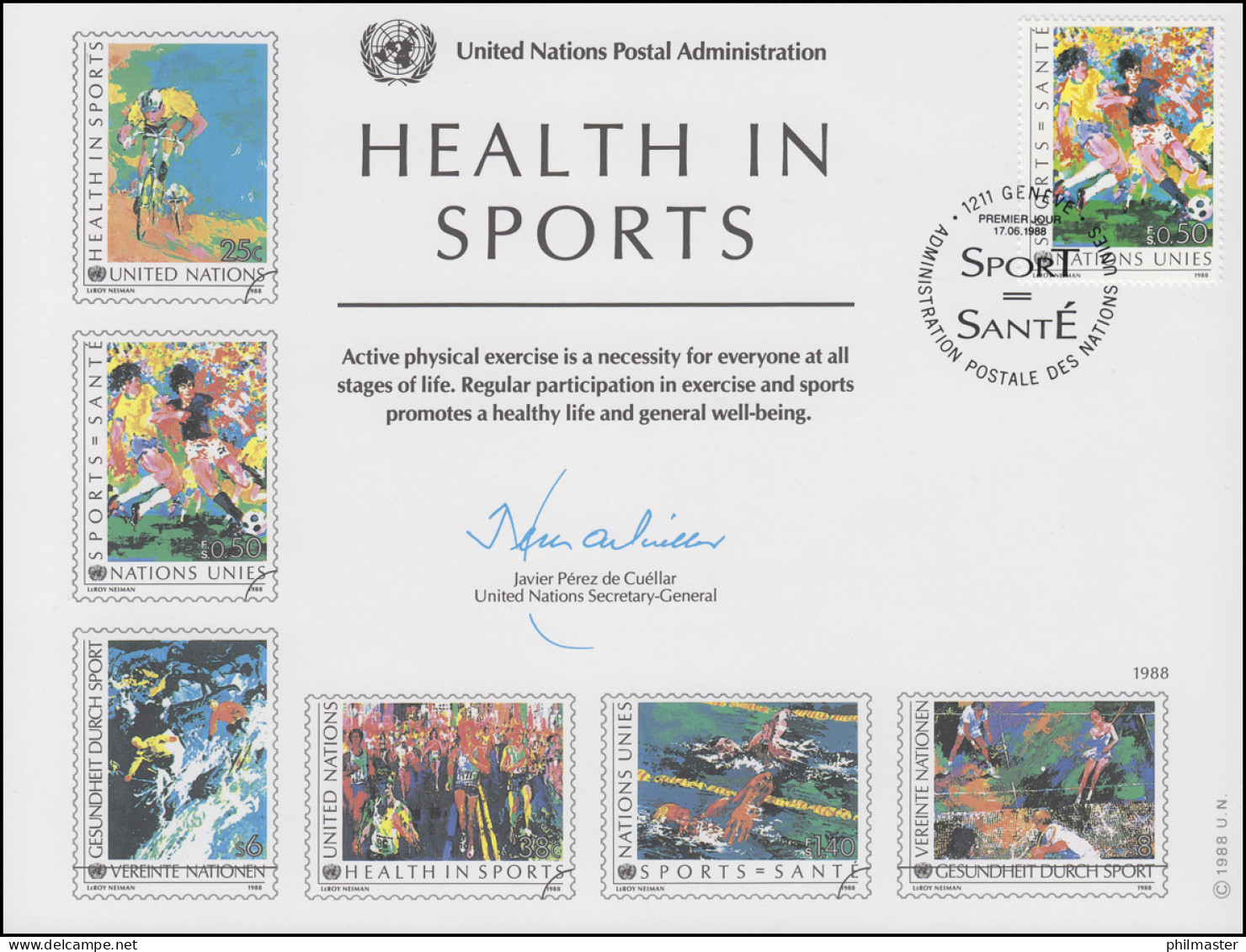 UNO Erinnerungskarte EK 34 Gesundheit Durch Sport 1988, Genf-FDC 17.6.1988 - Sonstige & Ohne Zuordnung