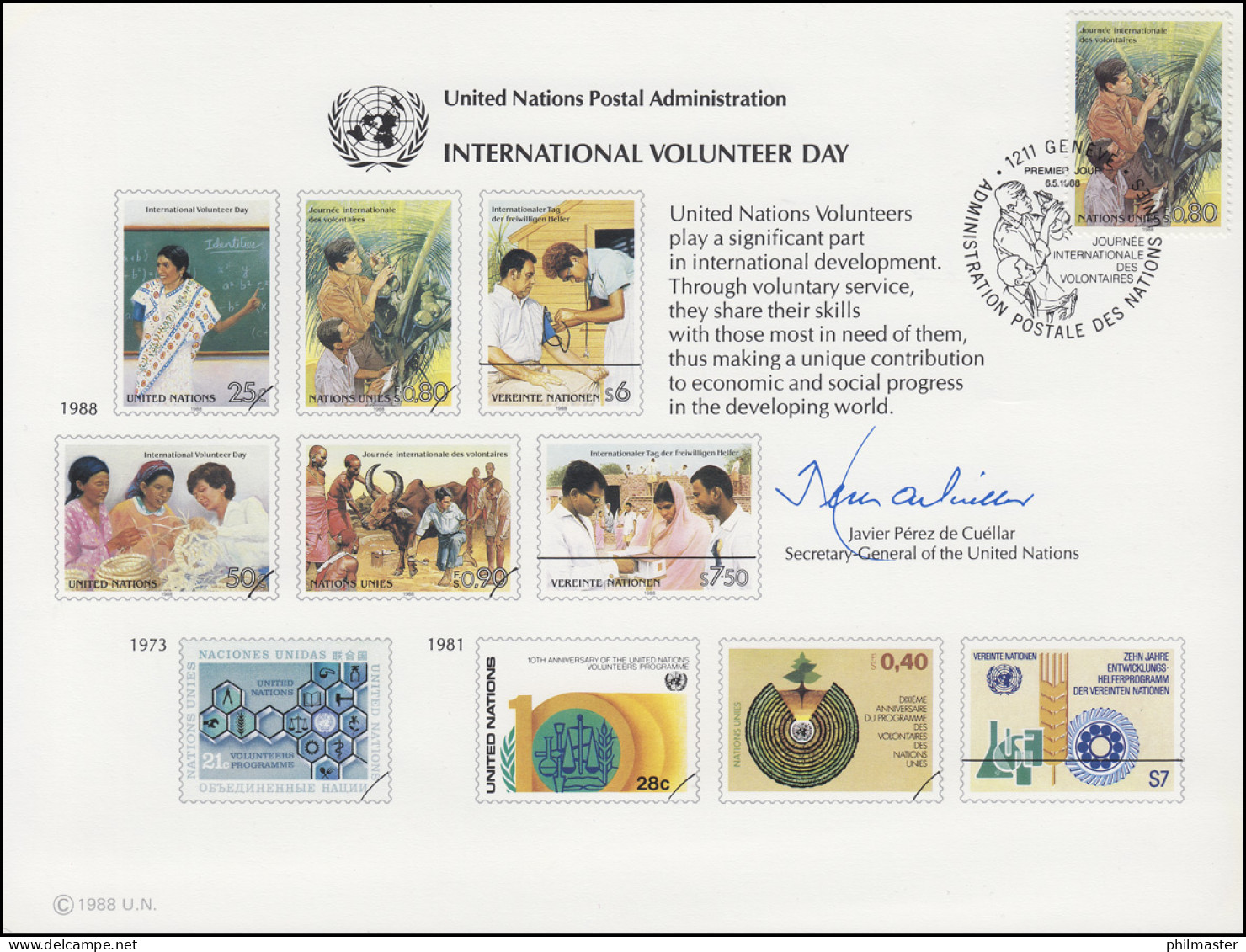 UNO Erinnerungskarte EK 33 Entwicklungshelfer 1988, Genf-FDC 6.5.1988 - Sonstige & Ohne Zuordnung