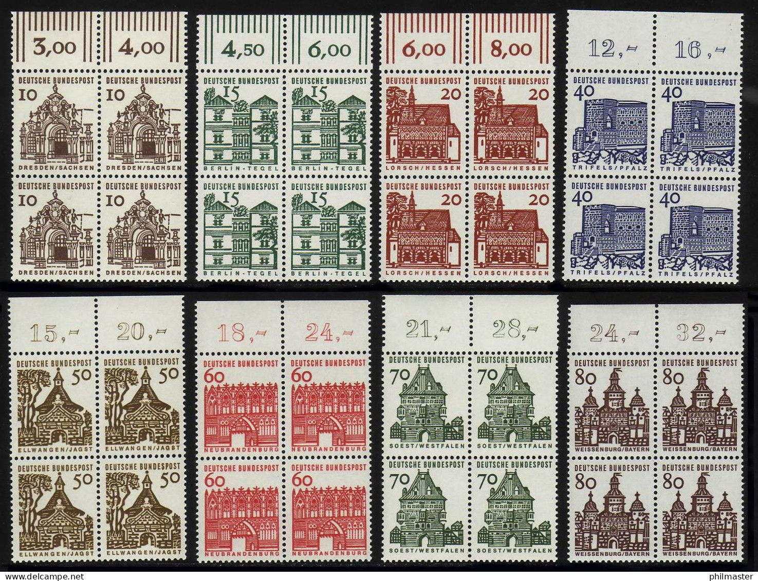 454-461 Bauten 8 Werte, Oberrand-Viererblöcke, Satz ** - Unused Stamps