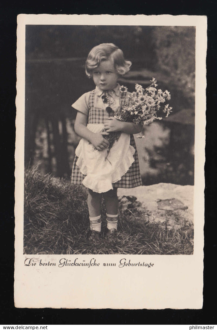 Foto Blondes Mädchen Karo Dirndl Blumen, Glückwunsch Geburtstag Kassel 5.10.1937 - Autres & Non Classés