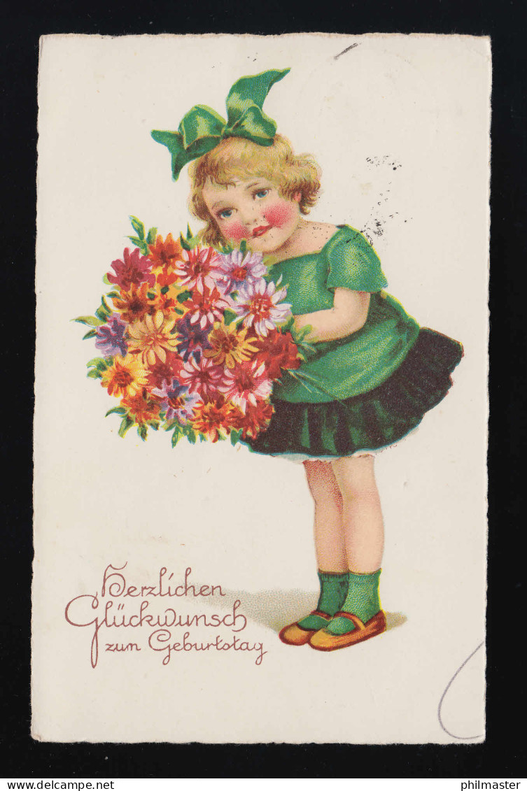 Bl. Mädchen Schwarz Grünes Kleid Blumen Glückwunsch Geburtstag Tönning 27.8.1934 - Autres & Non Classés