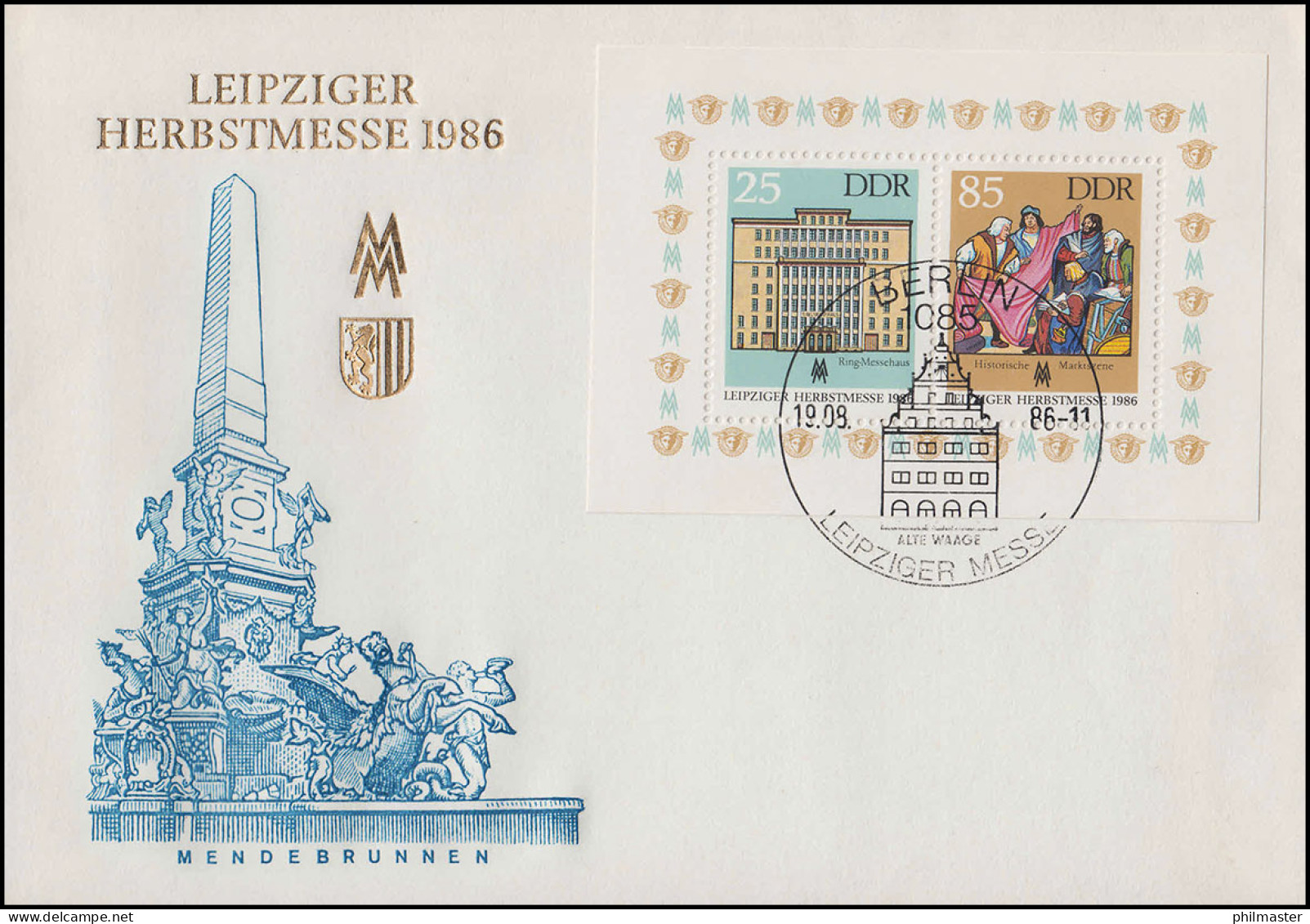 Block 85 Leipziger Herbstmesse 1986 - Auf Schmuck-FDC Mendebrunnen ESSt Berlin  - Storia Postale