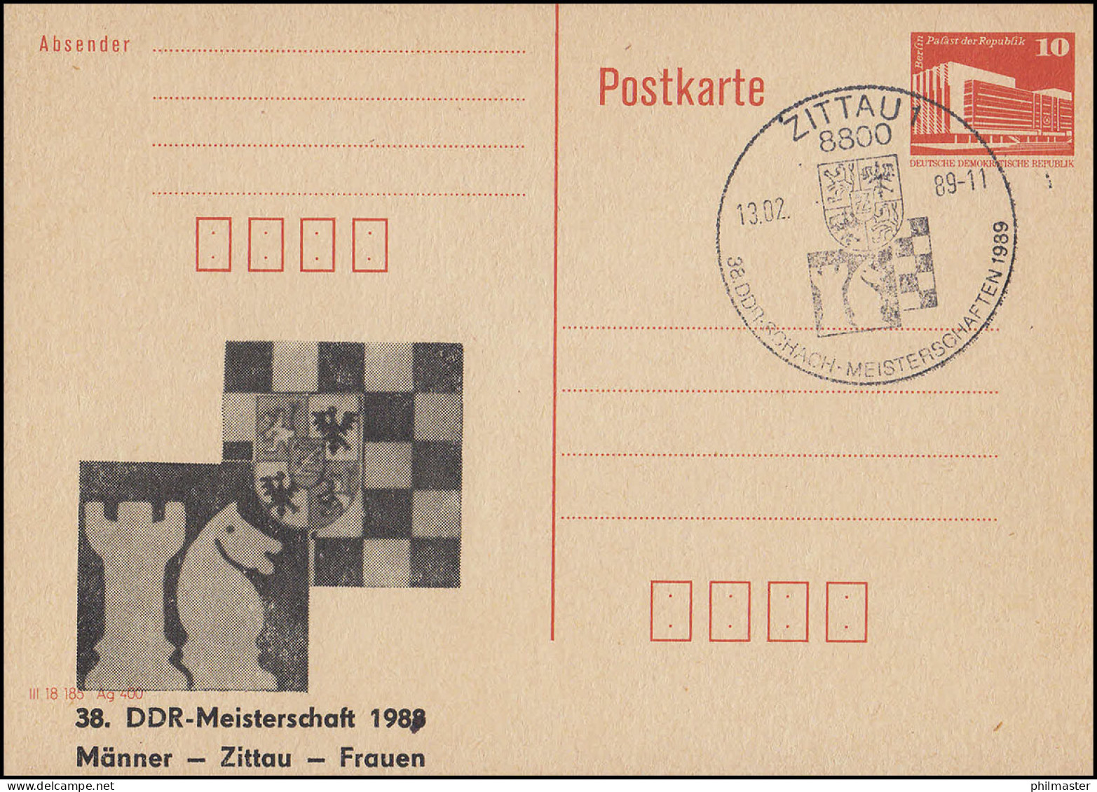 DDR P 86II Bauwerke 10 Pf DDR-Meisterschft Im Schach 1988/1989, SSt Zittau 1989 - Otros & Sin Clasificación