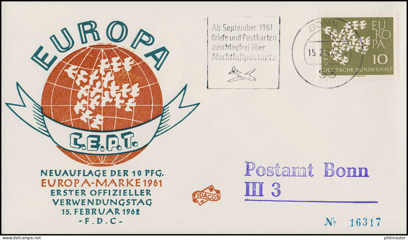 Deutschland 367y Europa / CEPT Mit Fluoreszenz 1962 Auf FIDACOS-FDC BONN 15.2.62 - Autres & Non Classés