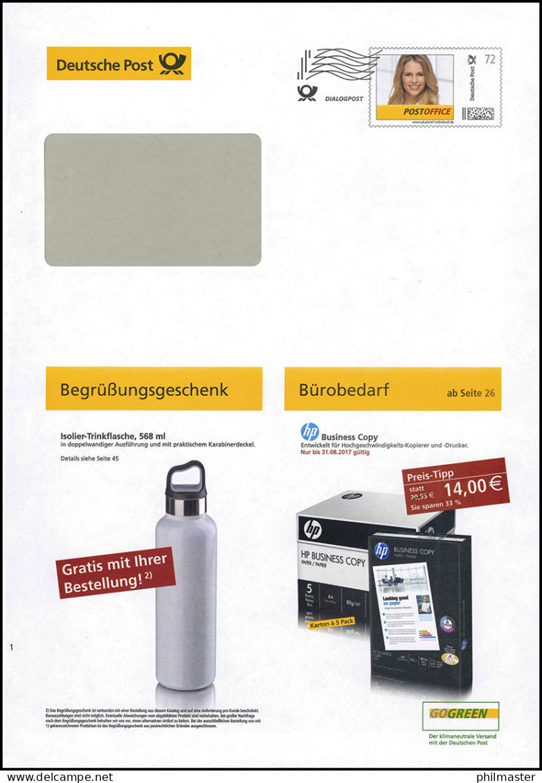 Plusbrief EAI B 100/2 Dialogpost Frauenportrait 72 Cent Isolier-Trinkflasche'17 - Enveloppes - Neuves