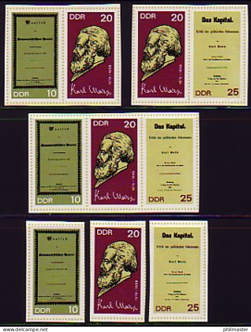 1365-1367B Karl Marx Aus Block 27 Geschnitten - 3 ZD Und 3 Ezm, Set ** - Se-Tenant