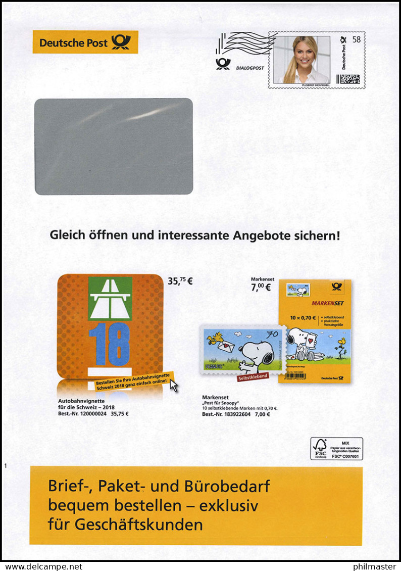 Plusbrief EAI B Dialogpost Zustellerin 58 Cent Snoopy / Autobahnvignette 2018 - Enveloppes - Neuves