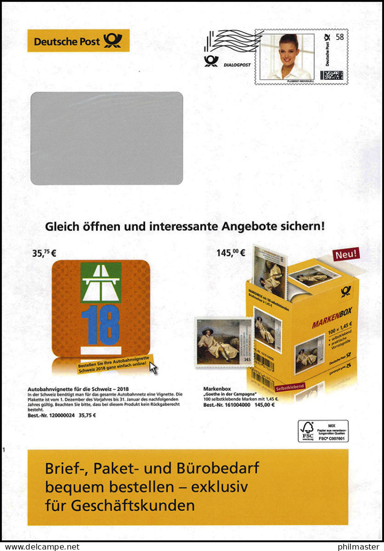 Plusbrief EAI B Dialogpost Zustellerin 58 Cent Autobahnvignette / Goethe '18 - Covers - Mint