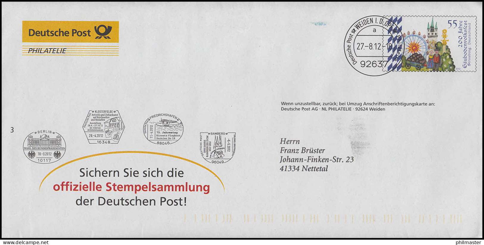 Plusbrief F 614 Gäubodenvolksfest - Offizielle Stempelsammlung WEIDEN 27.8.2012 - Briefomslagen - Ongebruikt