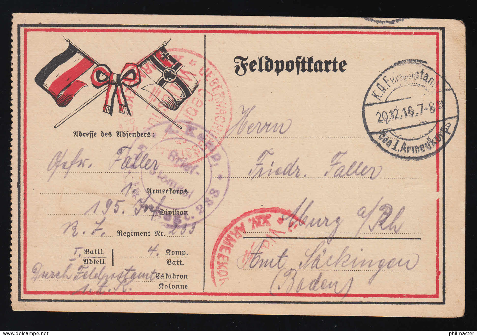 Feldpostkarte K.D. Feldpostamt 195. Inf.Regiment 299, Zensur 20.12.1916 - Altri & Non Classificati