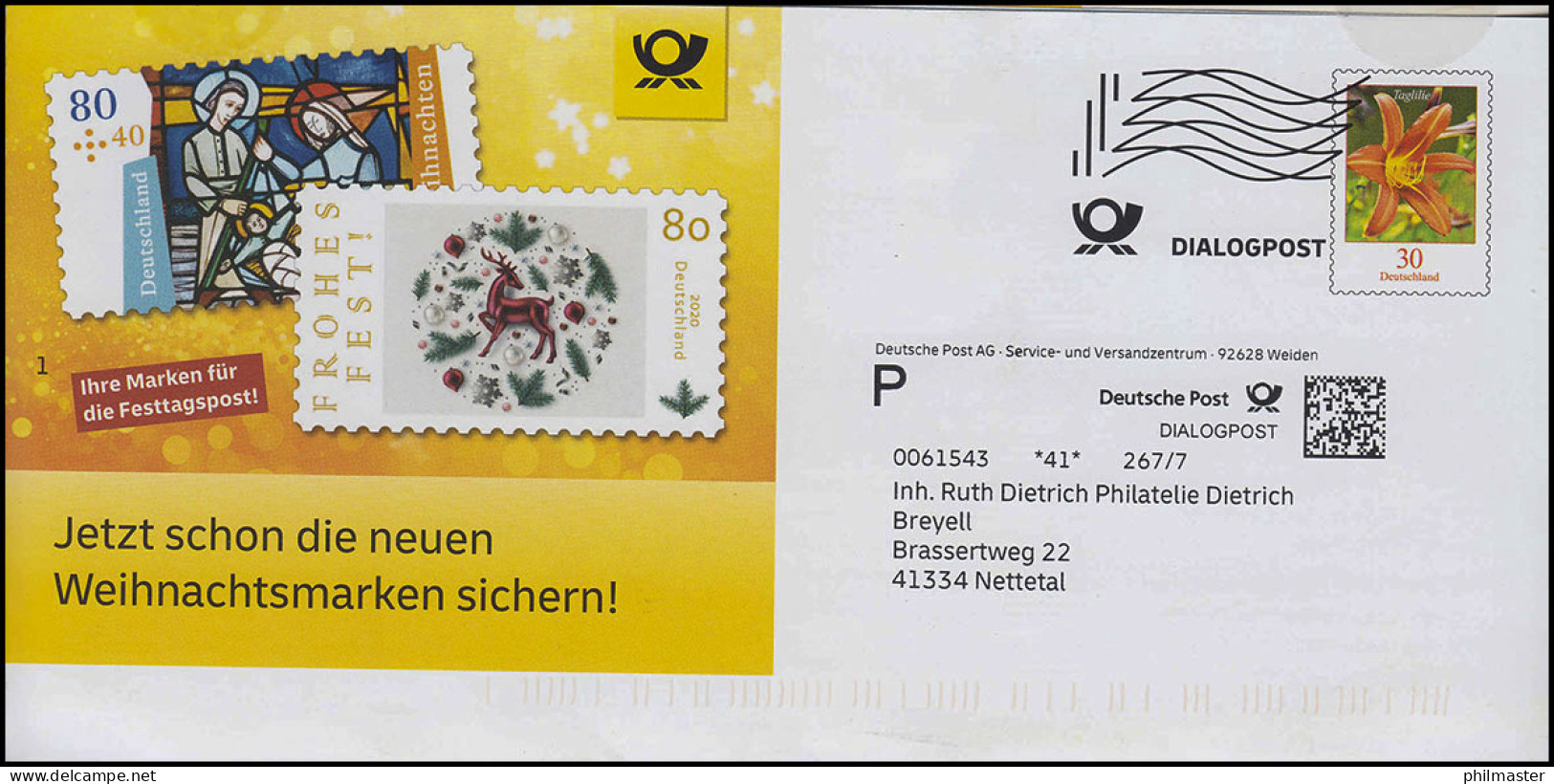 Plusbrief Dialogpost Blume Taglilie 30 Cent: Neue Weihnachtsmarken 2020 - Briefomslagen - Ongebruikt