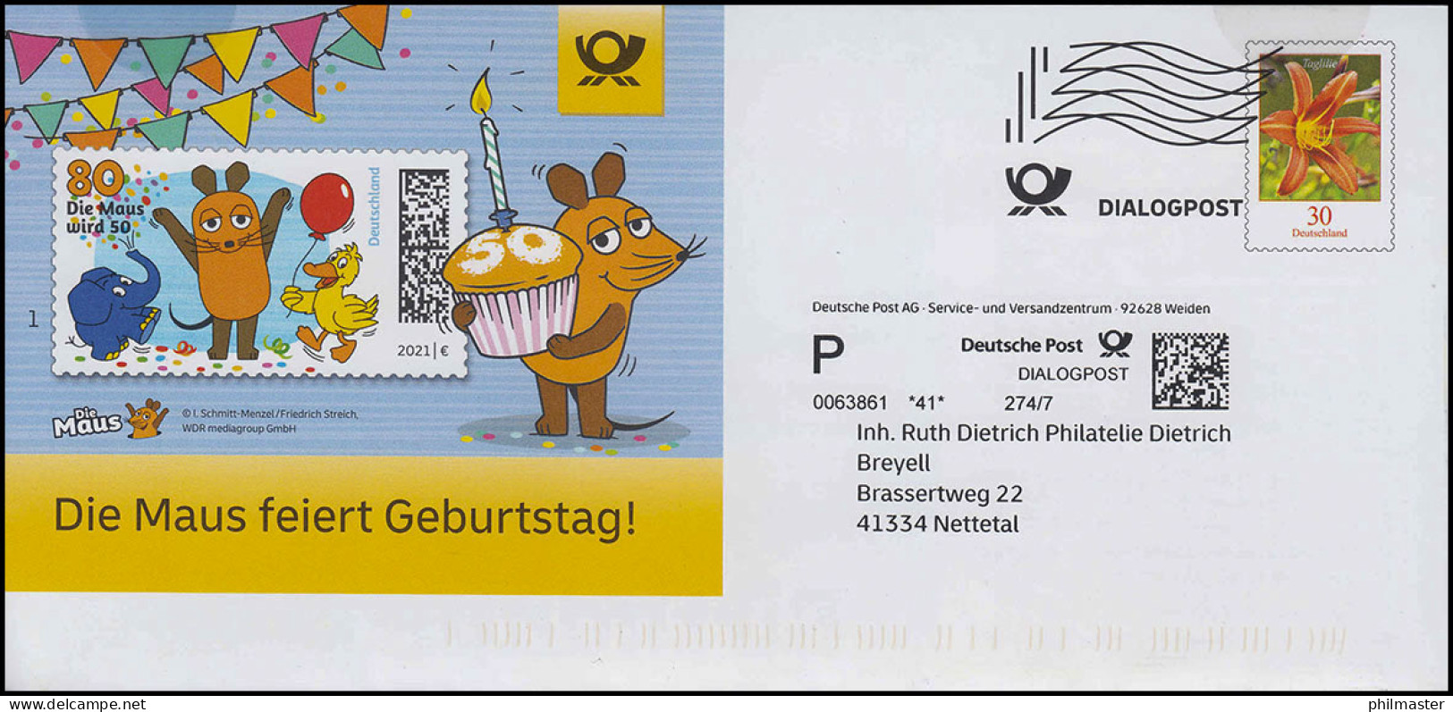 Plusbrief Dialogpost Blume Taglilie 30 Cent: Die Maus Wird 50 Jahre 2021 - Briefomslagen - Ongebruikt