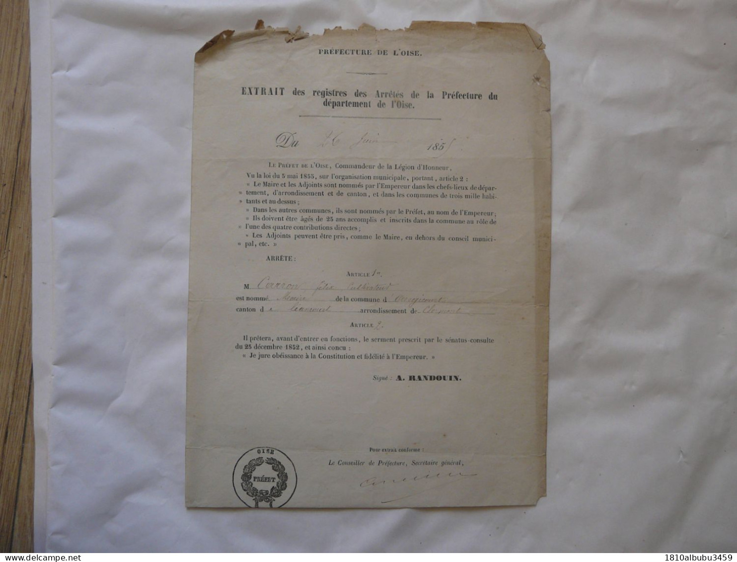 EXTRAIT Des Registres Des Arrêtés De La Préfecture Du Département De L'OISE 1855 - Historische Dokumente