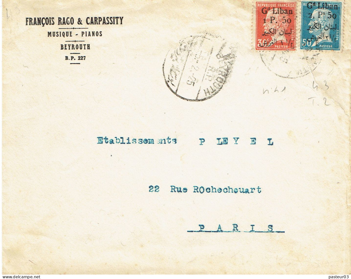 41 + 43  Gd Liban 1,50 P Pasteur Rouge + 2,50 P Piastre (09) Lettre Simple Tarifs Du 25-07-1924 - Cartas & Documentos